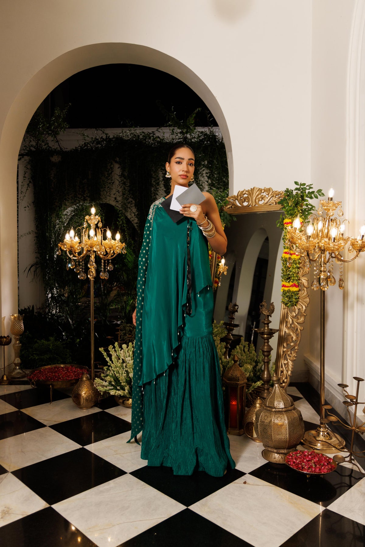Deep Green Embellished Crepe Silk Sharara Set
