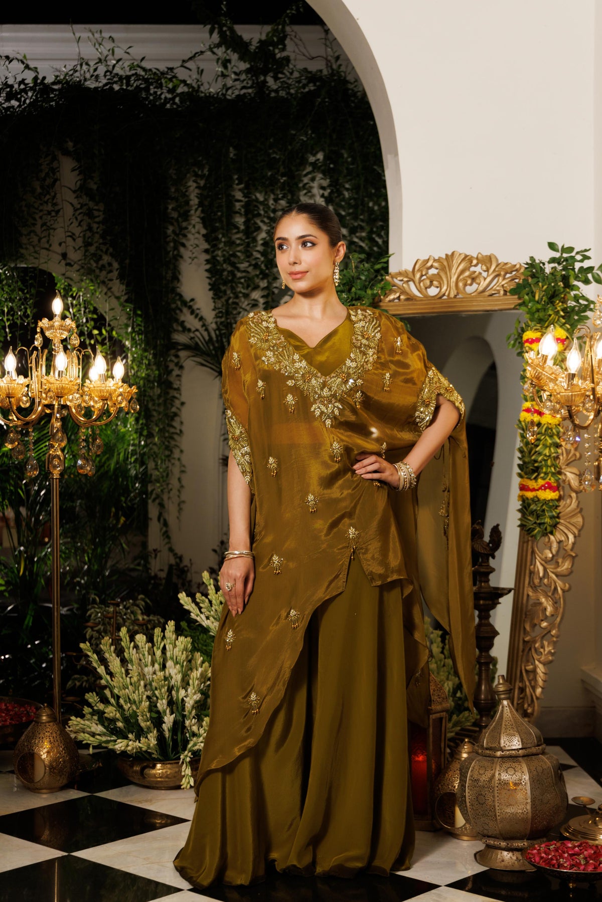 Olive Green Embellished Tissue Silk Kaftan Set
