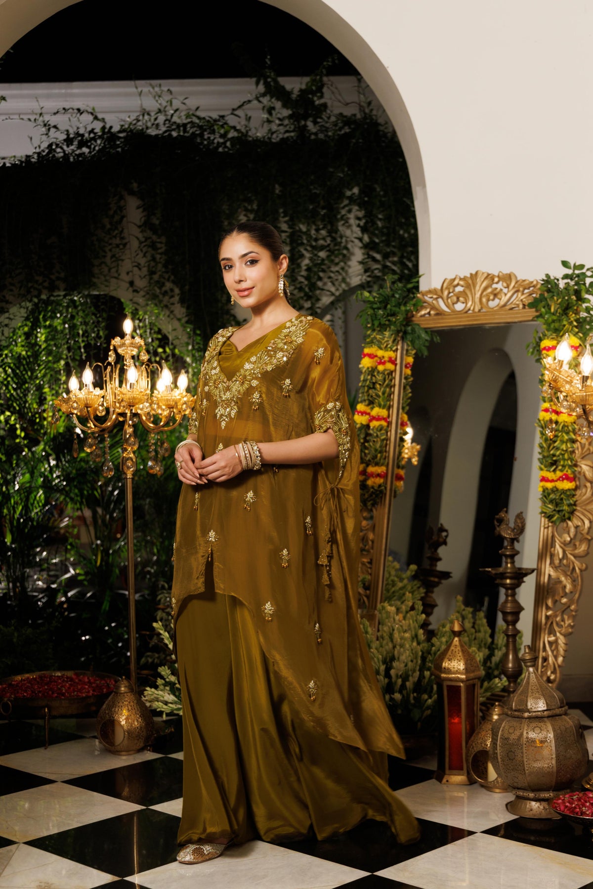 Olive Green Embellished Tissue Silk Kaftan Set