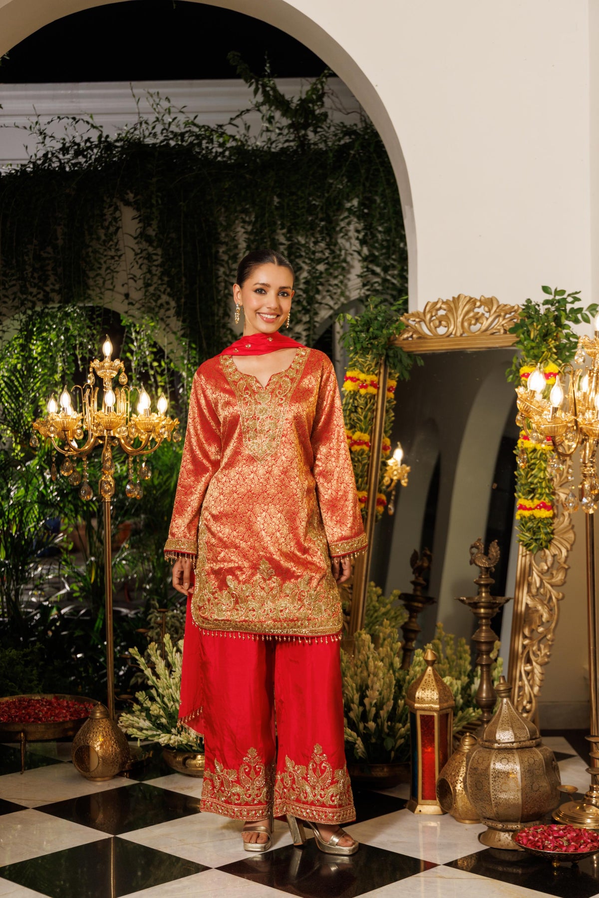 Royal Pink Embellished Jacquard Silk Palazzo Set