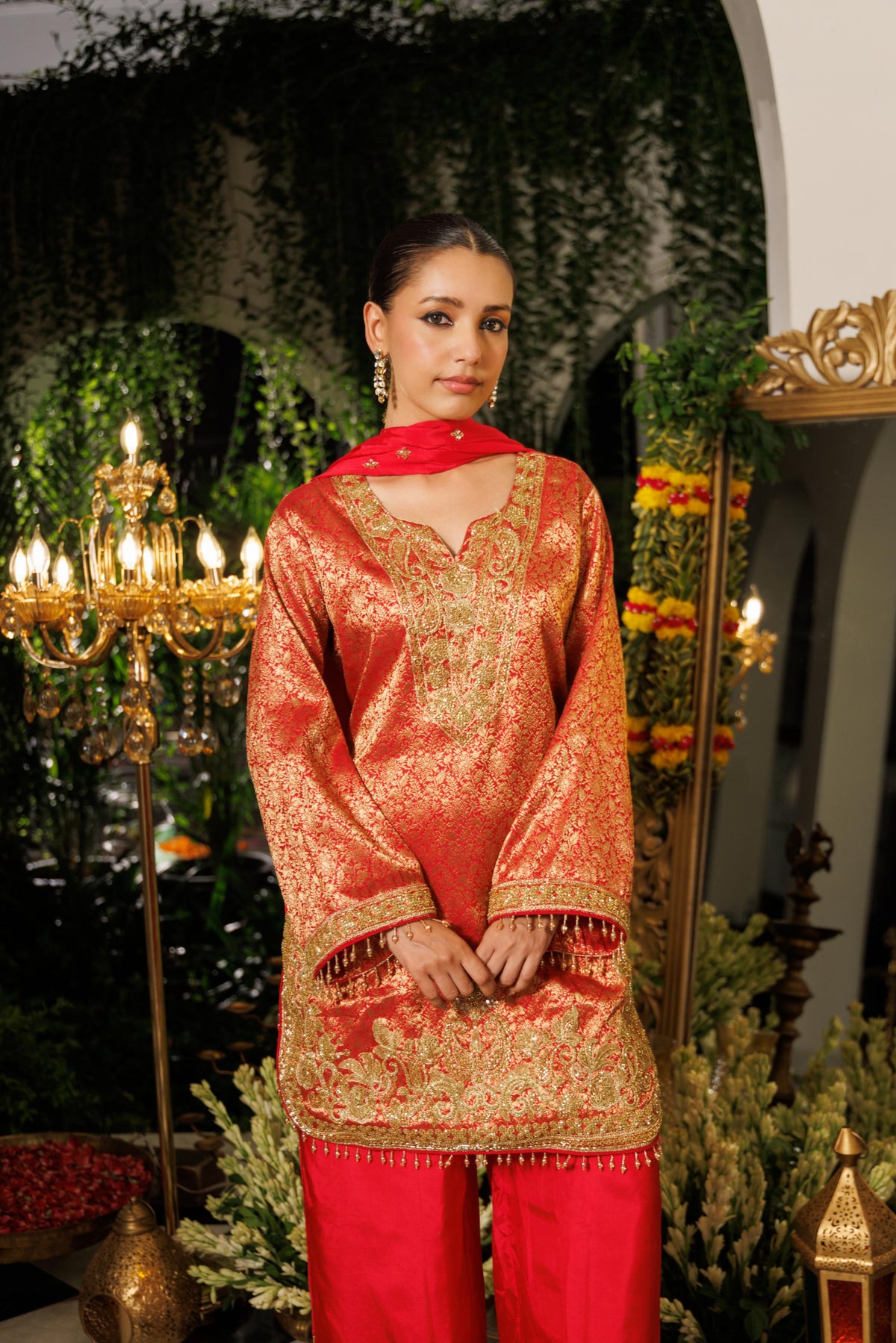 Royal Pink Embellished Jacquard Silk Palazzo Set