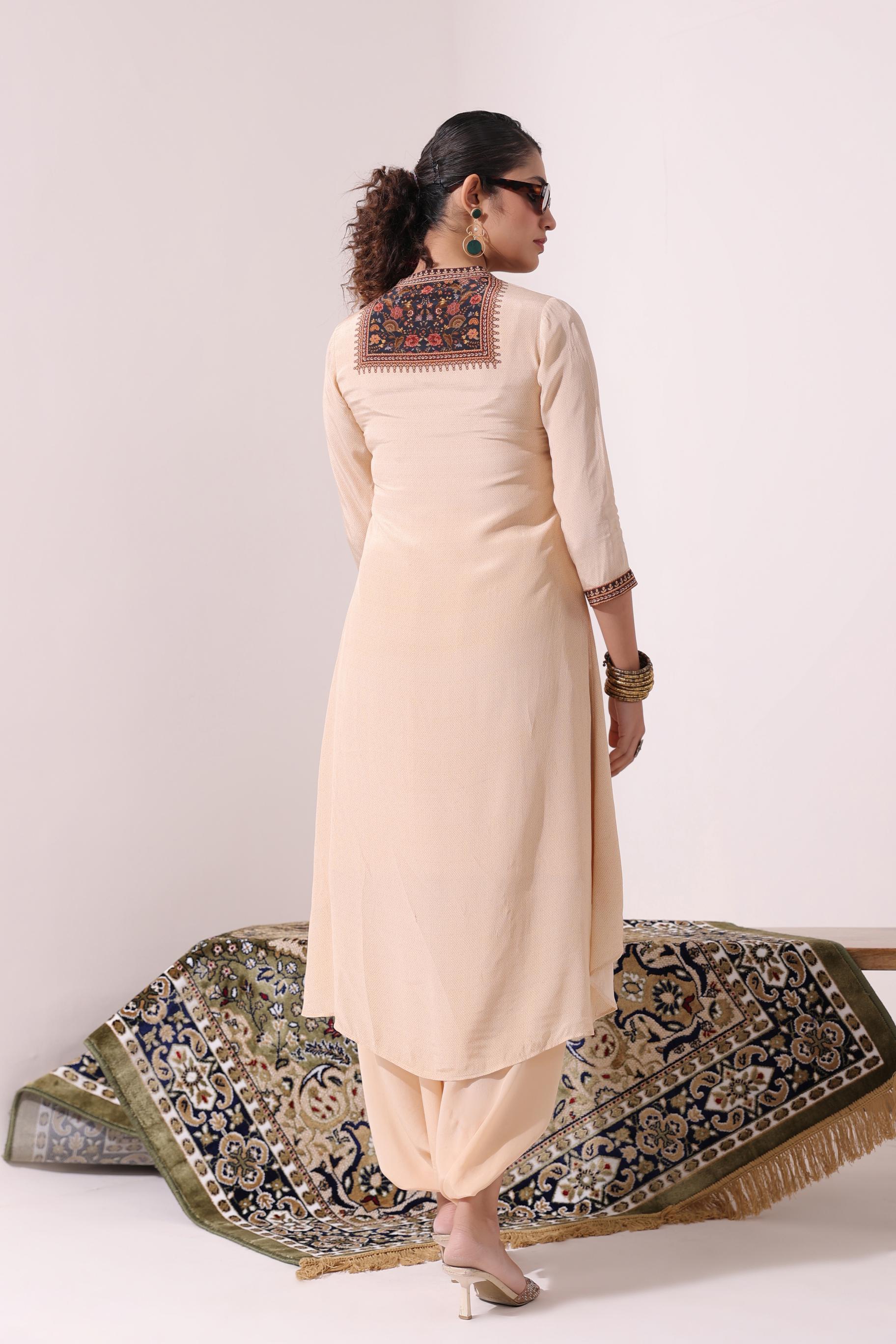 Pastel Cream Traditional Printed Crepe Silk Dhoti Set