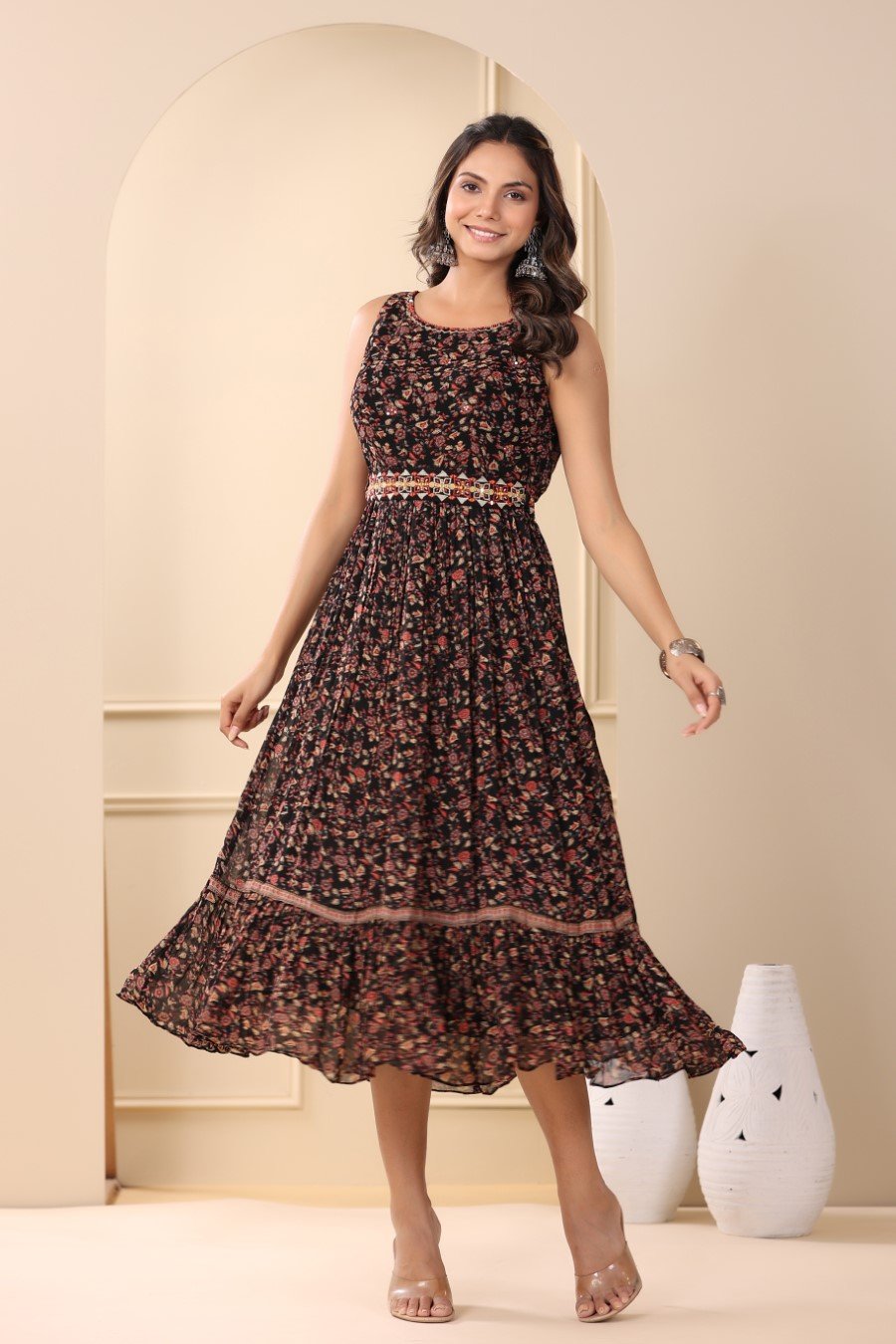 Black Floral Georgette Silk Dress Black Floral Georgette Silk Dress