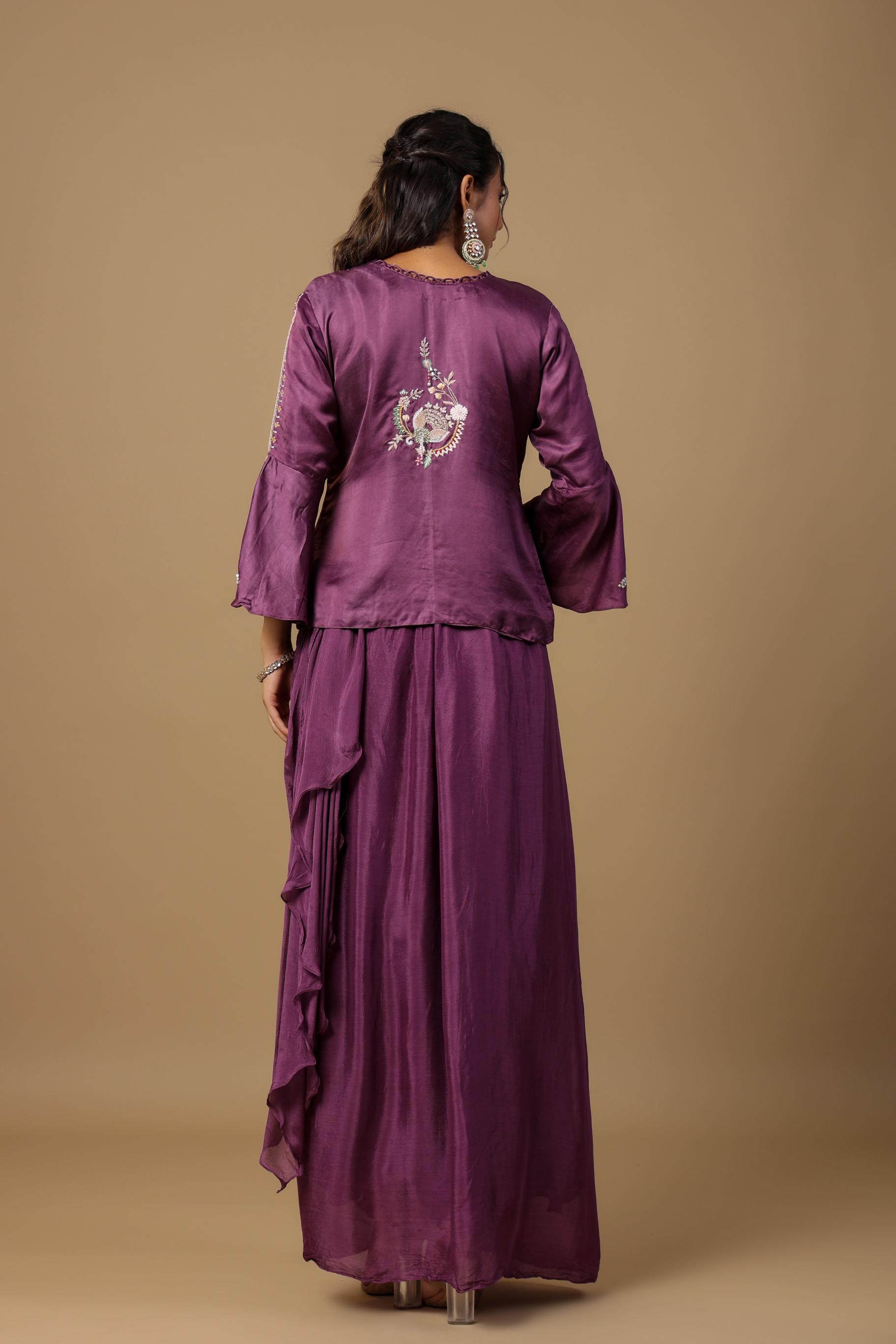 Deep Ruby Embellished Premium Chinon Silk Skirt Set