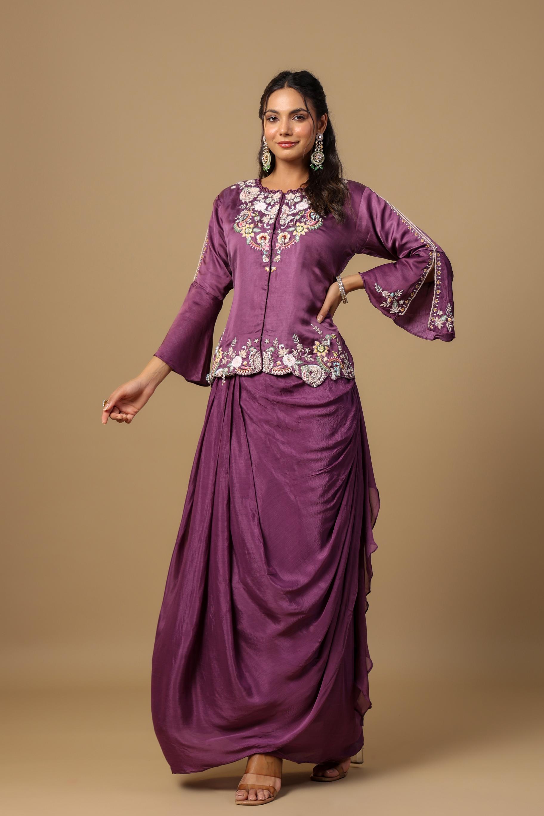Deep Ruby Embellished Premium Chinon Silk Skirt Set