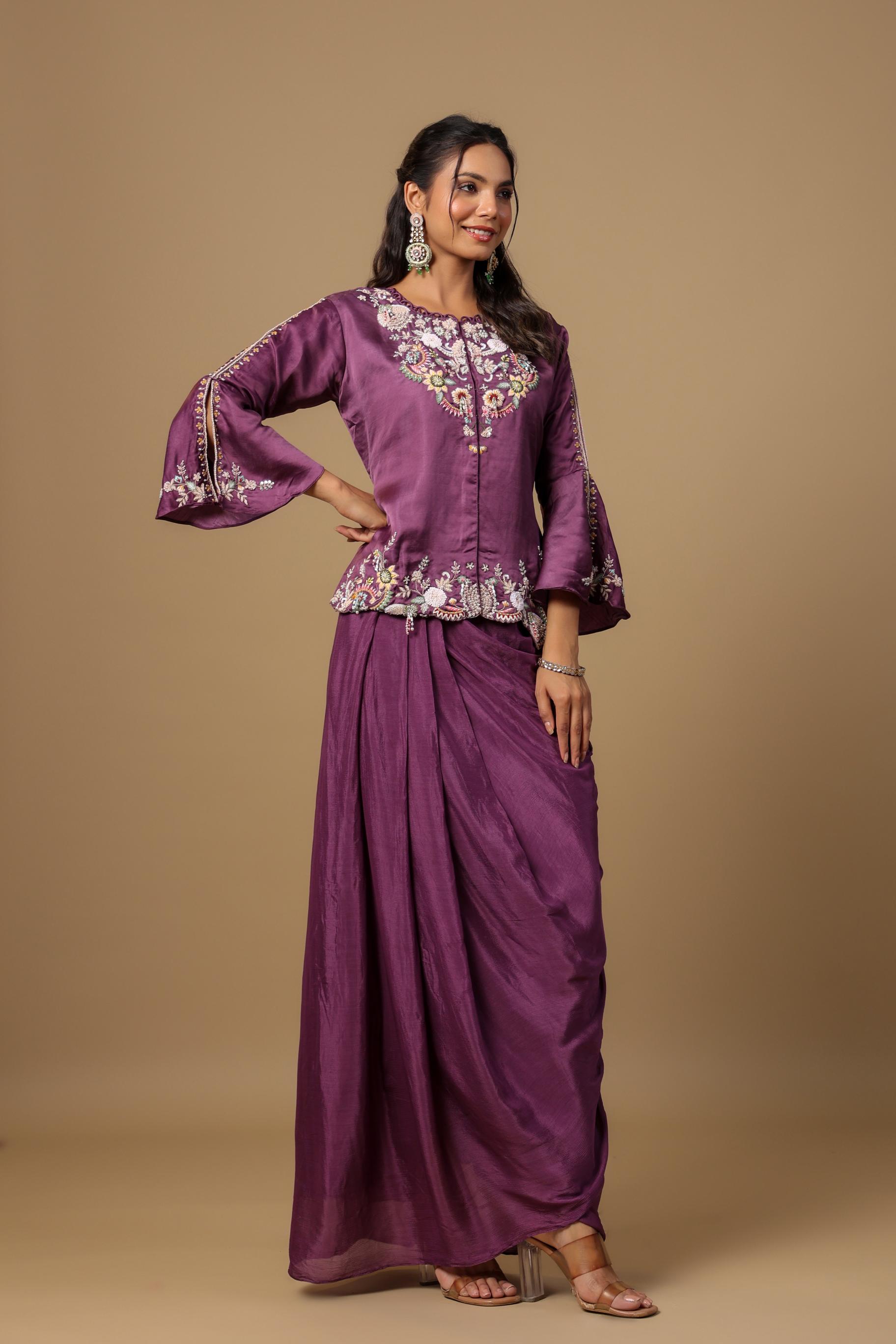 Deep Ruby Embellished Premium Chinon Silk Skirt Set