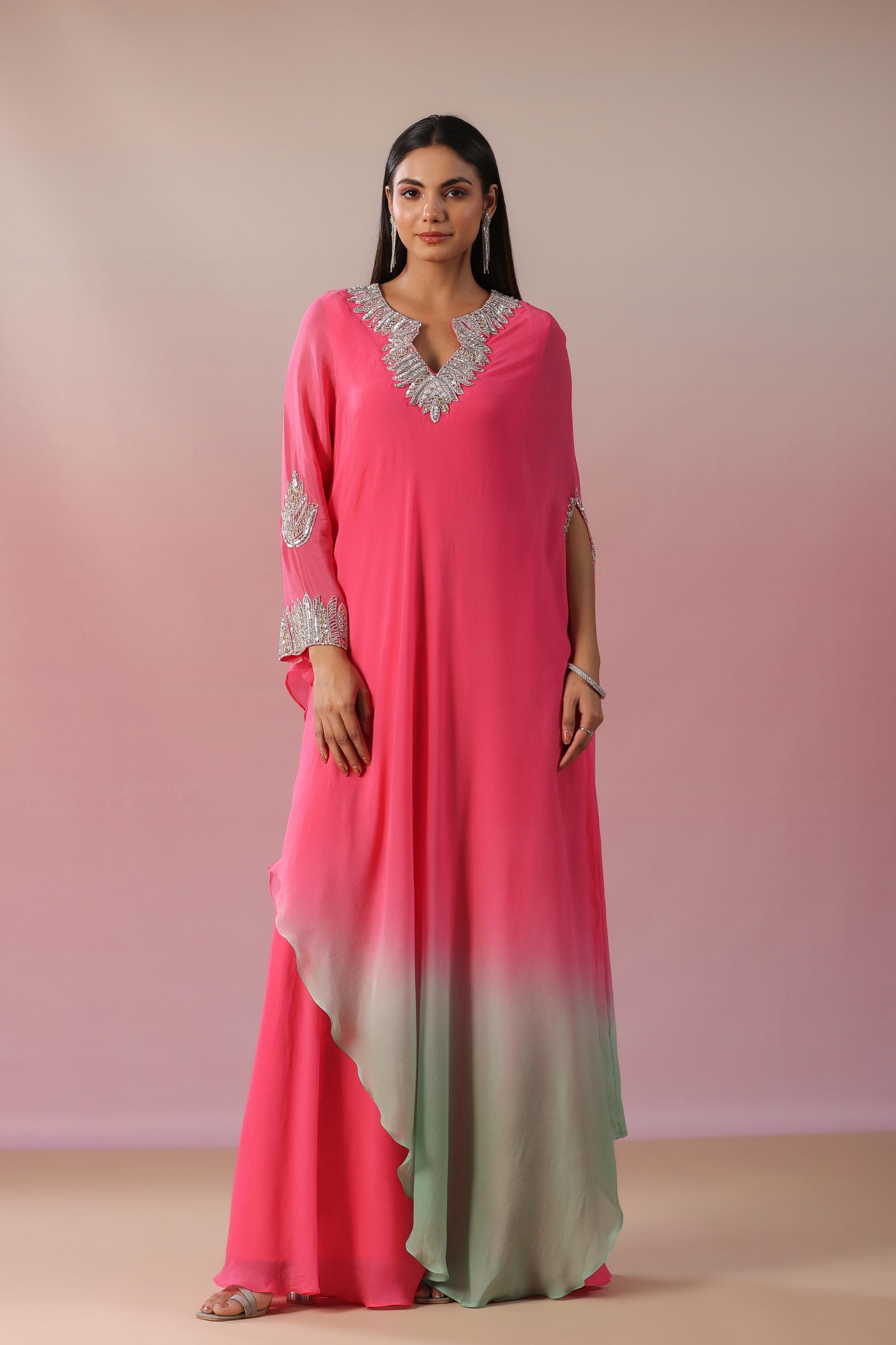 Rouge Pink Embellished Vama Georgette Silk Asymmetrical Dress M / Vama Georgette Silk / Made to Order in 25-30 Days