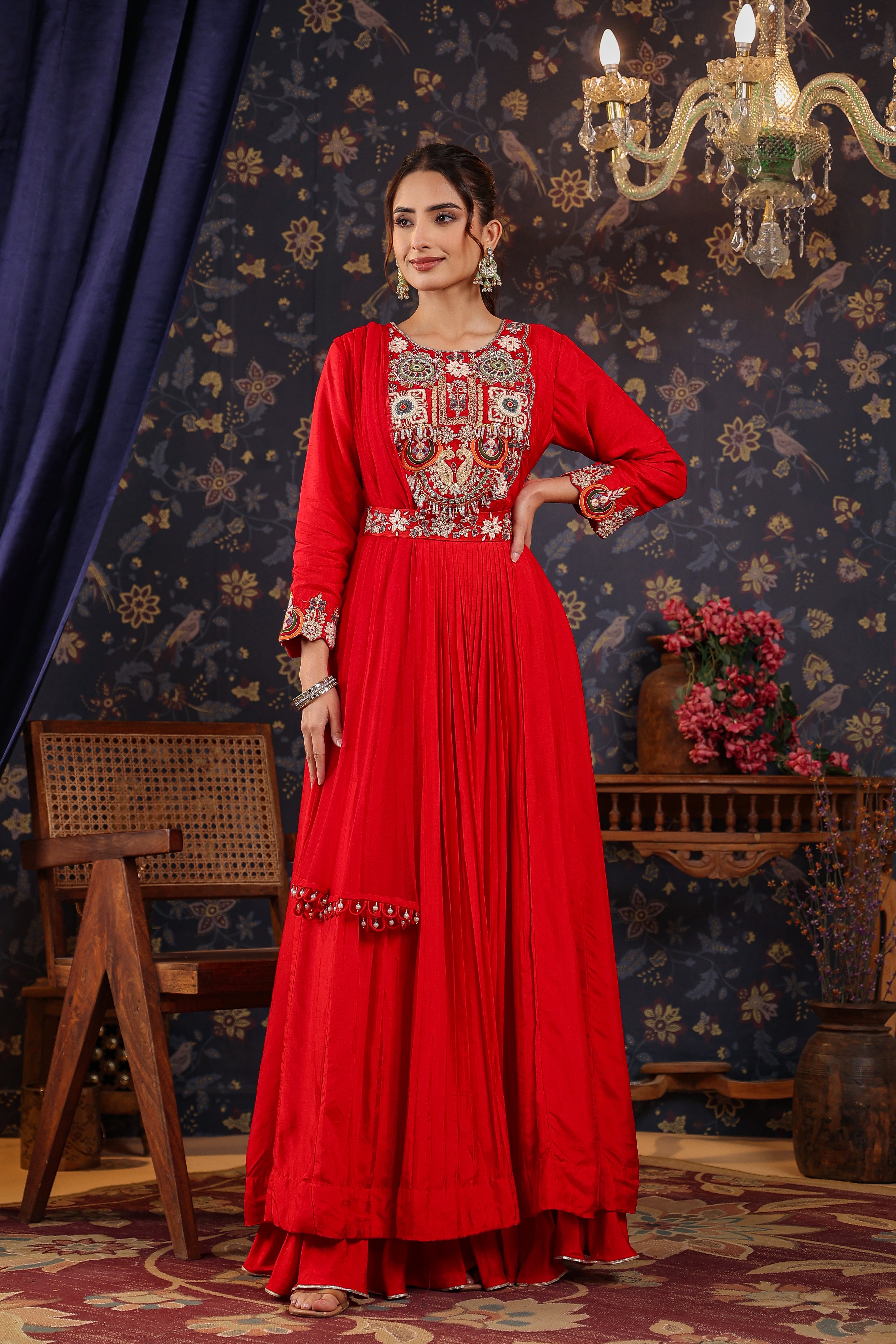 Bright Red Embroidered Chanderi Silk Anarkali Set