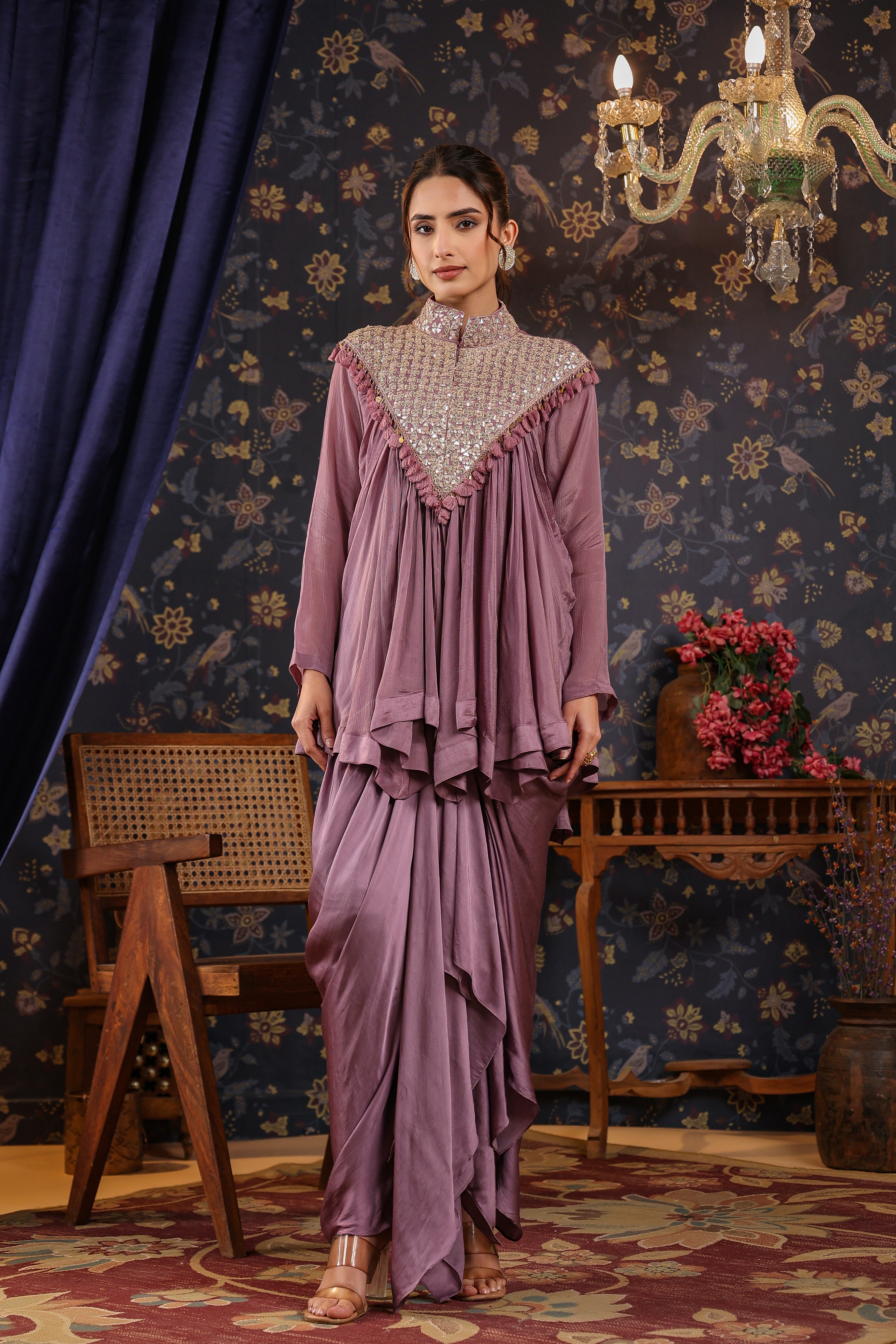 Mauve Gota Embroidered Chinon Silk Draped Skirt & Top