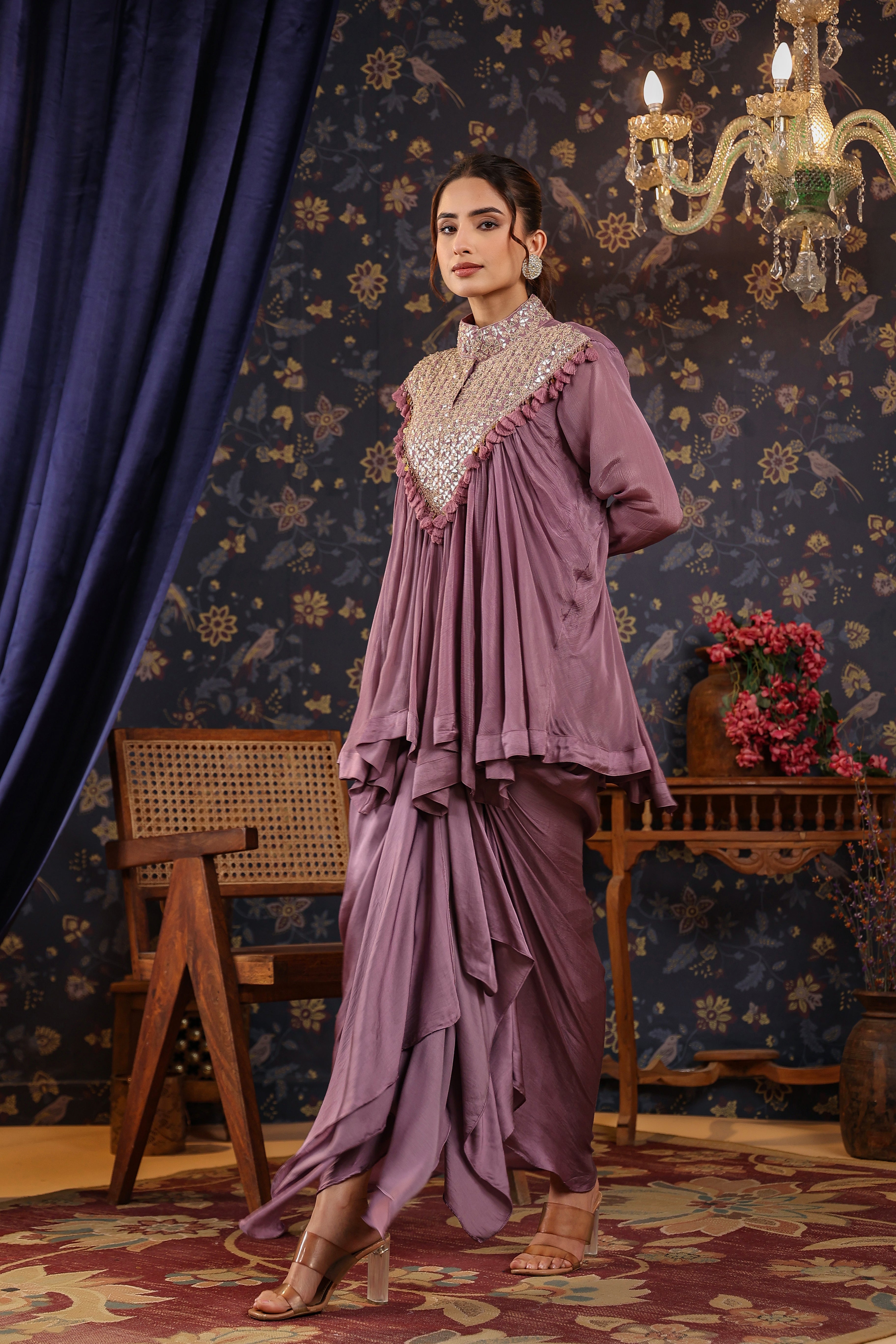 Mauve Gota Embroidered Chinon Silk Draped Skirt & Top