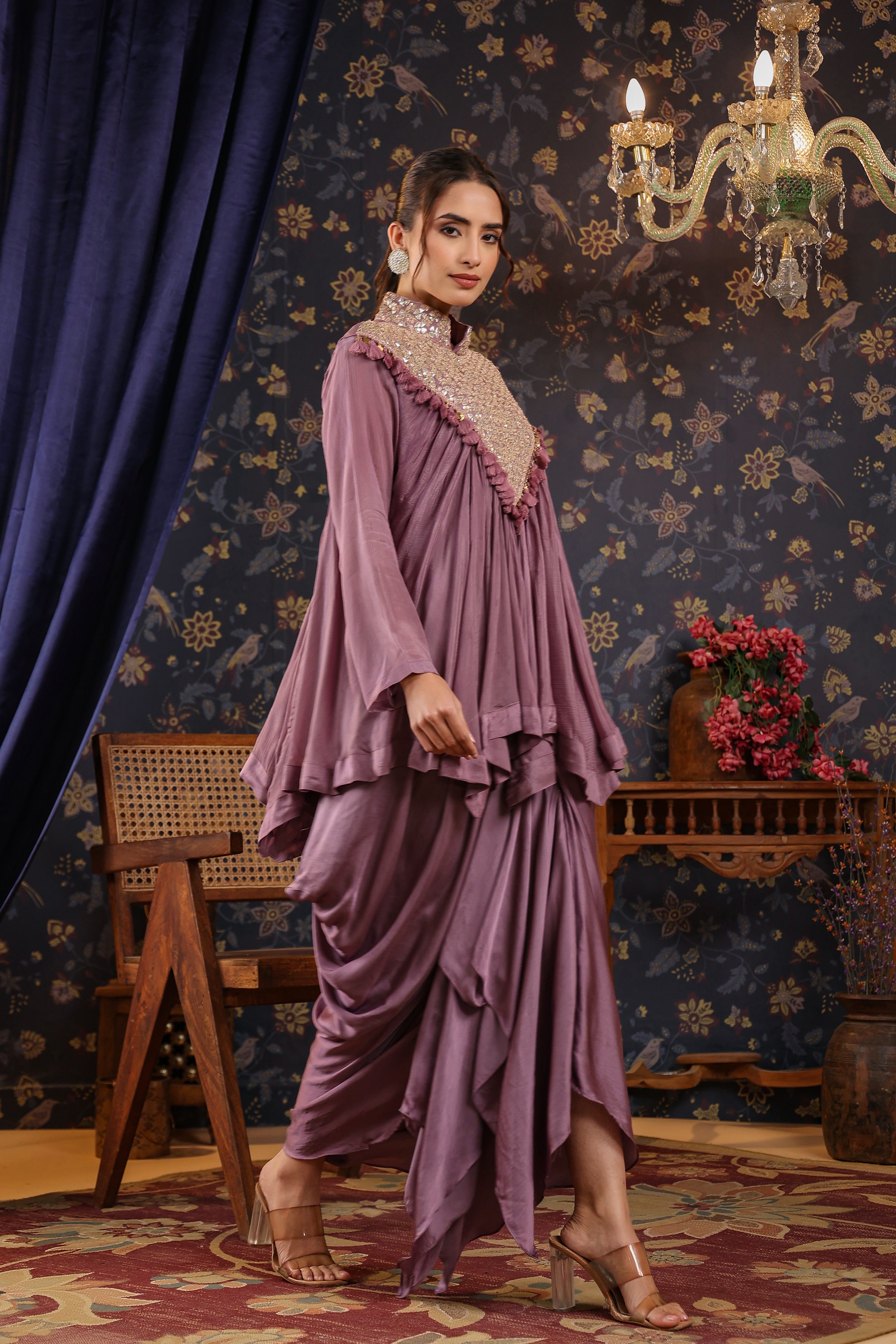 Mauve Gota Embroidered Chinon Silk Draped Skirt & Top