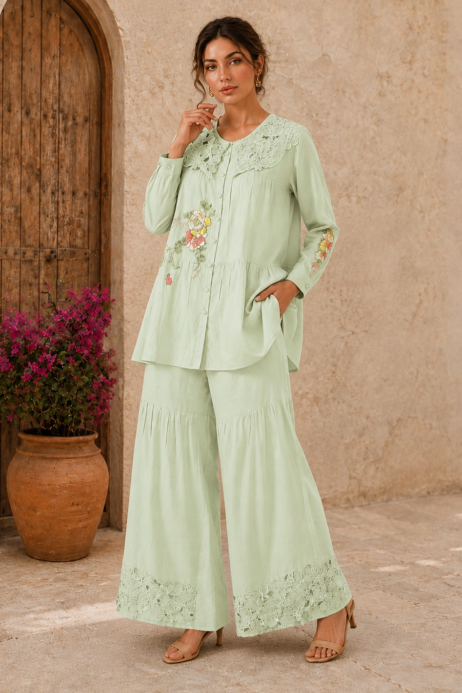Pistachio Embroidered Linen Co-Ord Set