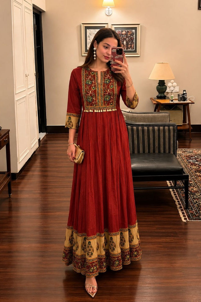 Maroon Printed Mul Cotton Anarkali Gown