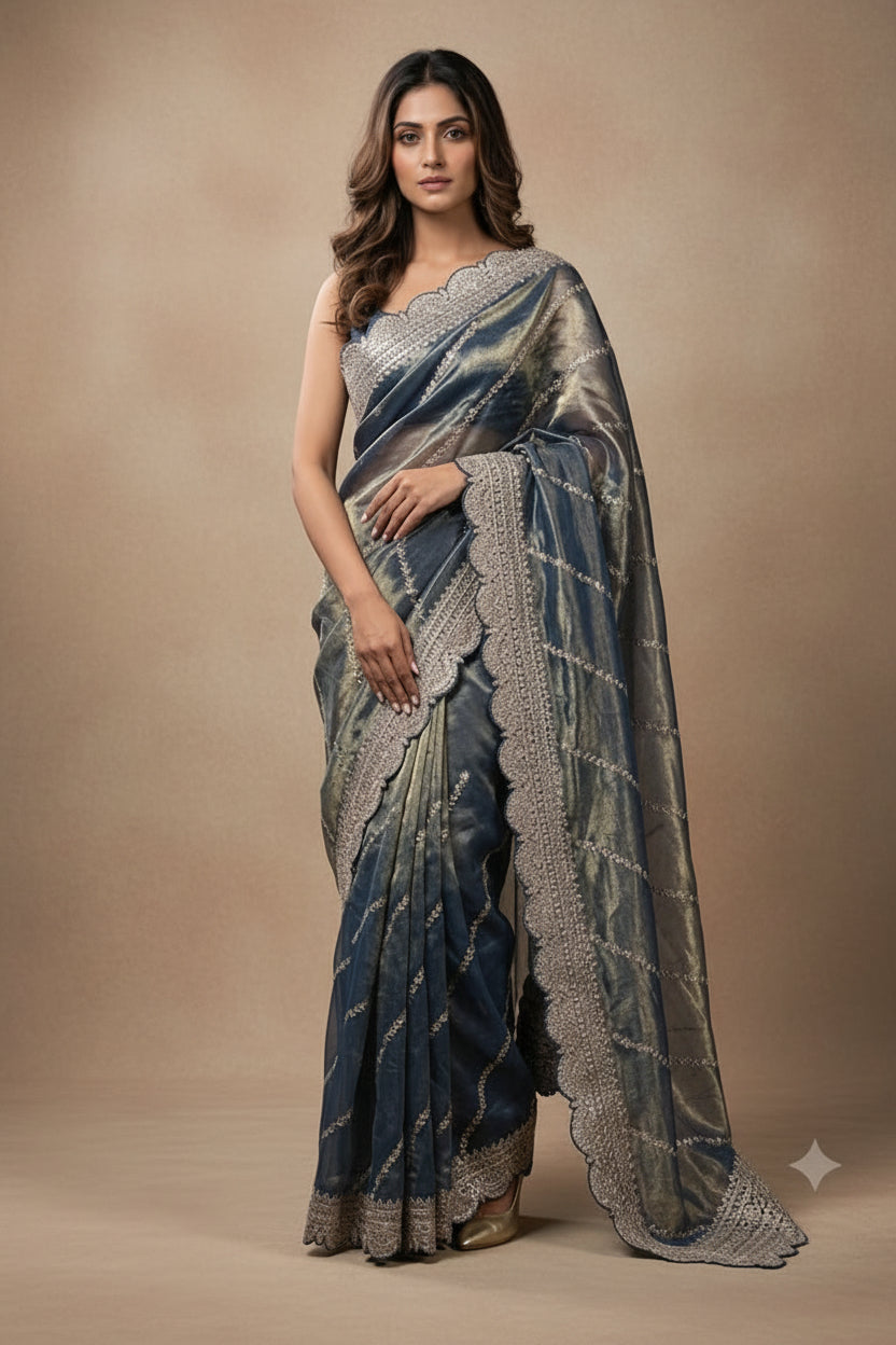 Grey Embroidered Shimmer Tissue Silk Saree