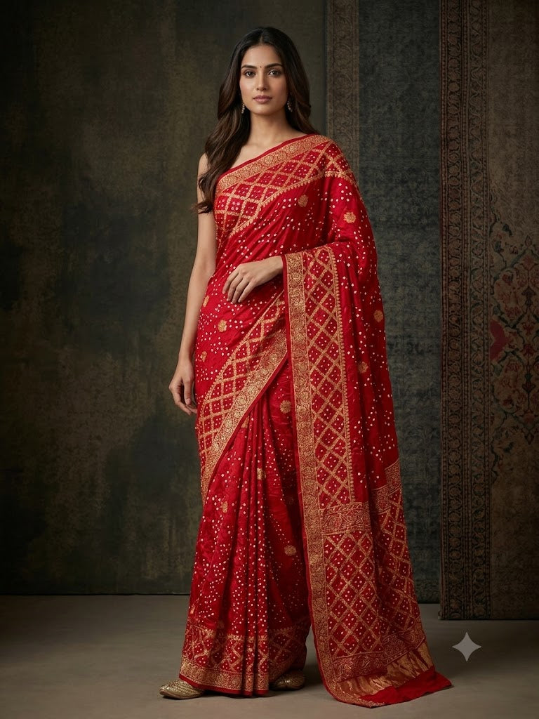 Bright Red Bandhej Printed Premium Silk Saree