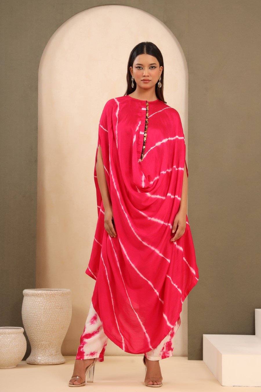 Hot Pink Leheriya Tie-Dyed Kaftan with Pants