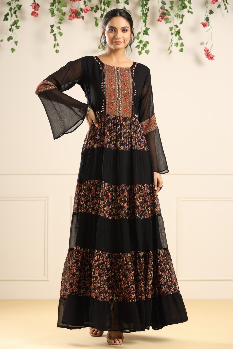 Black Printed Georgette Silk Tiered Dress