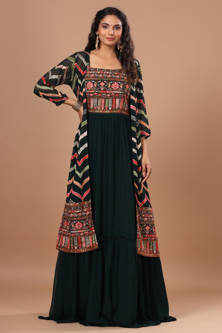 Alluring Bottle Green Resham Embroidered Dress with Cape L / Georgette / Made to Order