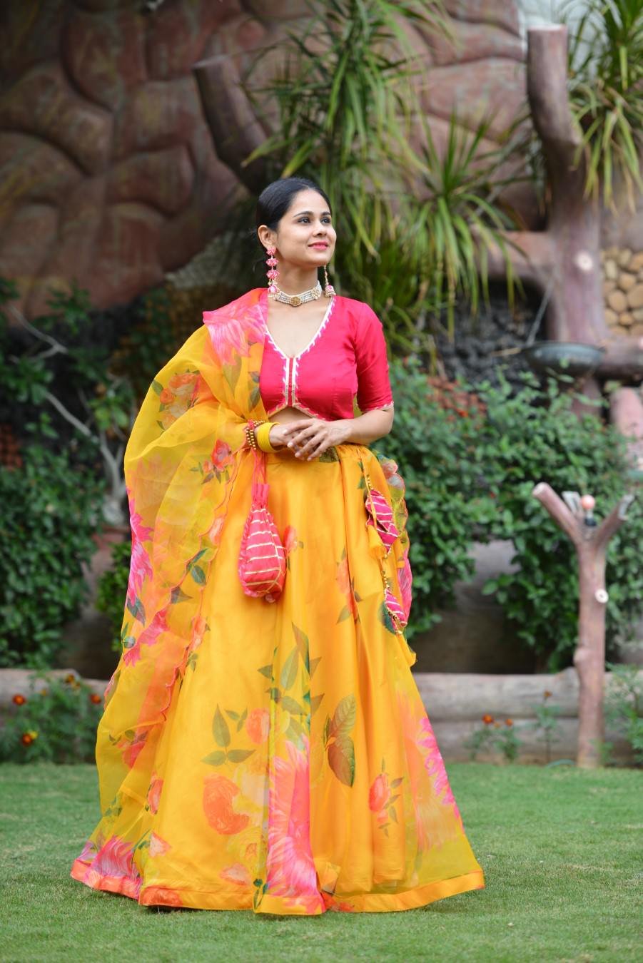 Mustard Floral Organza Silk Lehenga Set