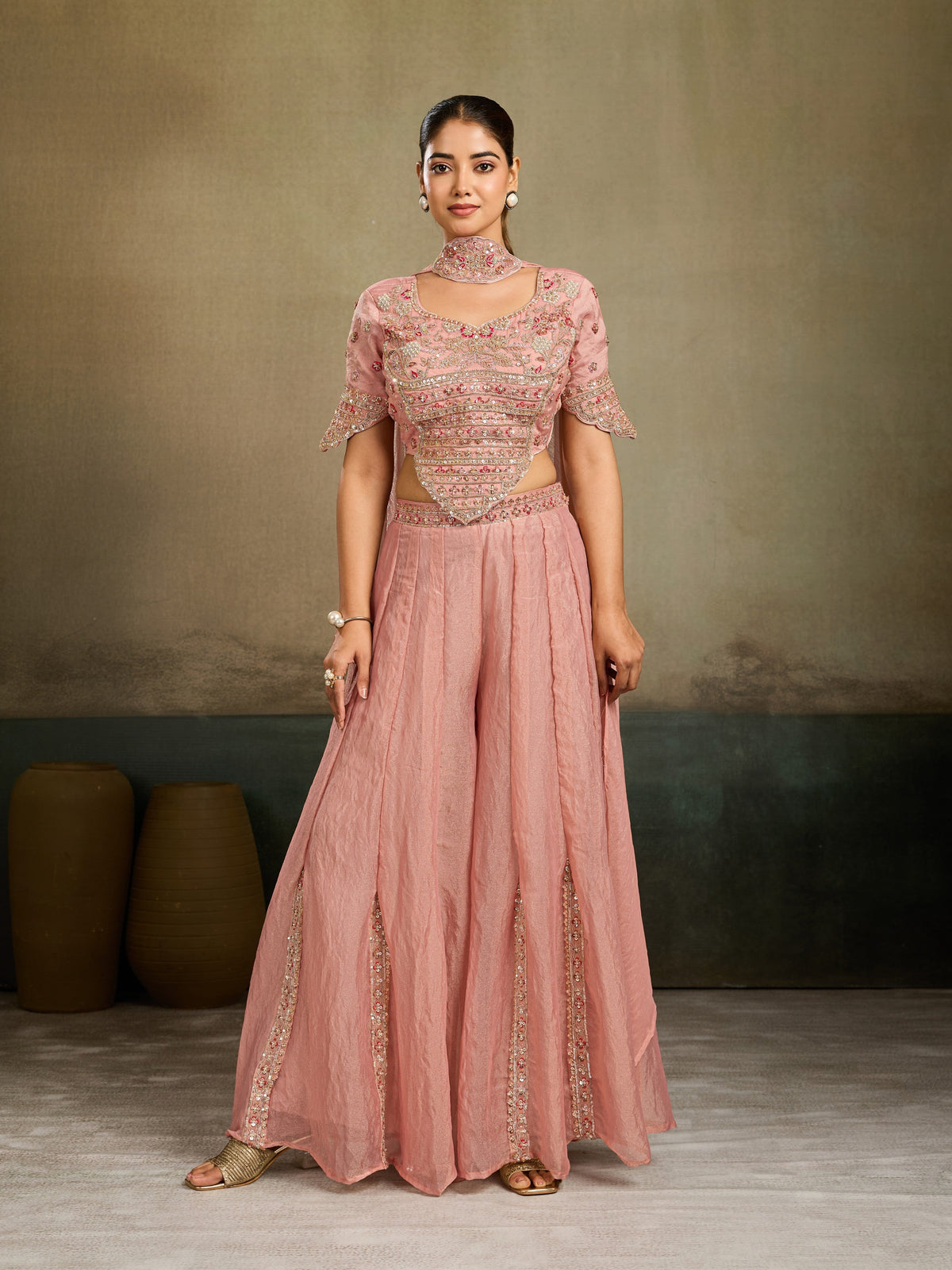 Blush Pink Embellished Shimmer Tissue Silk Palazzo Set