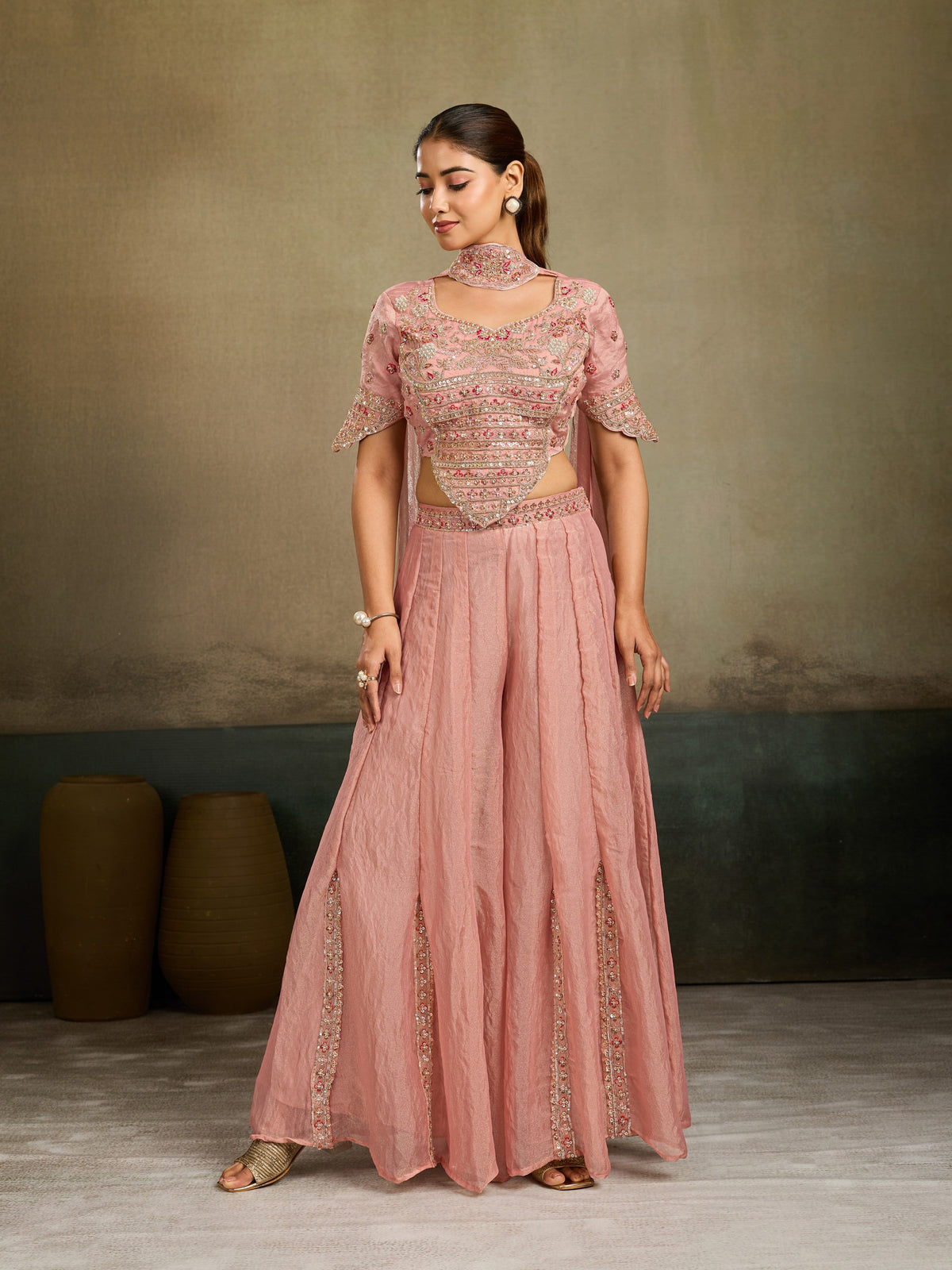 Blush Pink Embellished Shimmer Tissue Silk Palazzo Set