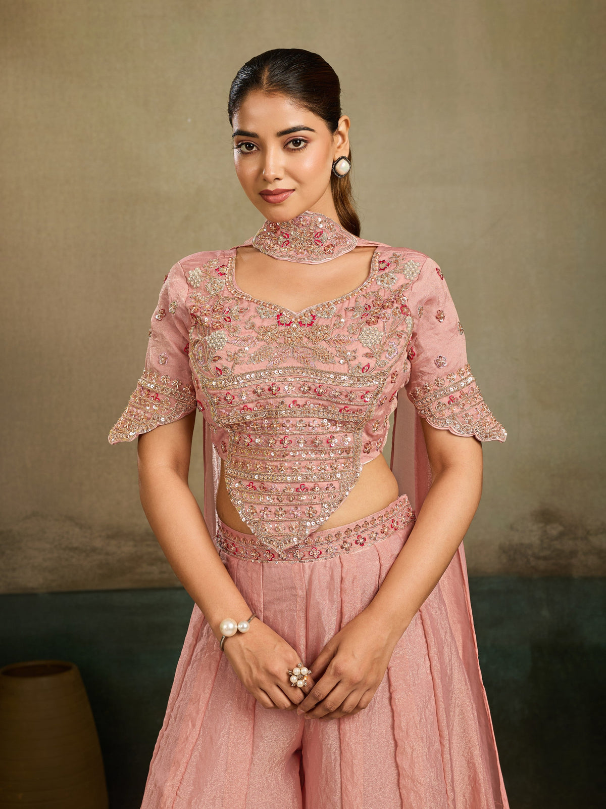Blush Pink Embellished Shimmer Tissue Silk Palazzo Set
