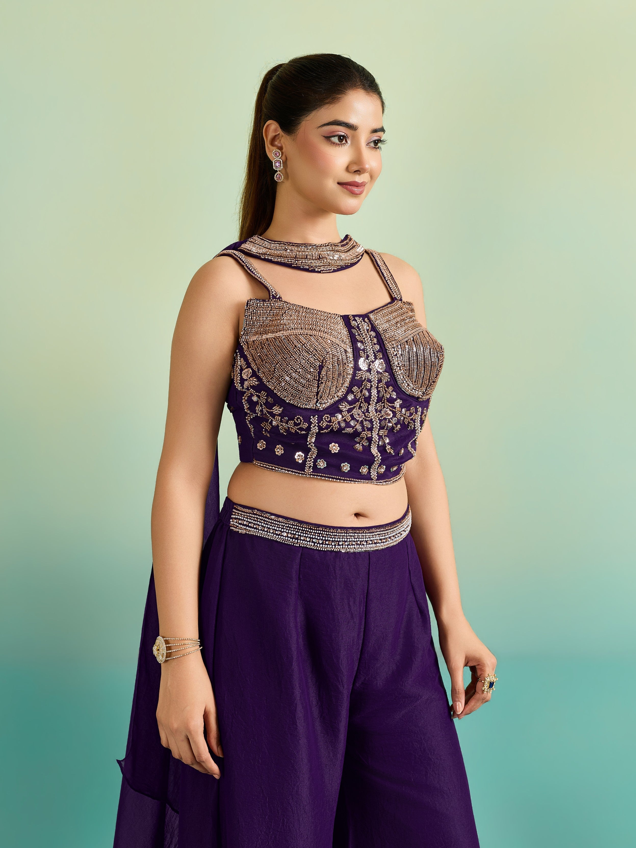 Deep Purple Embellished Chinon Silk Palazzo Set