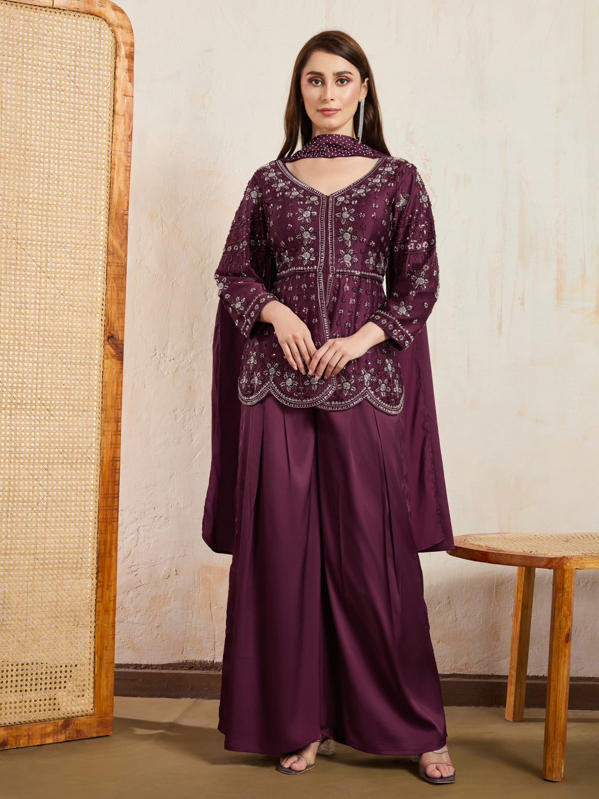 Plum Embellished Satin Silk Palazzo Set