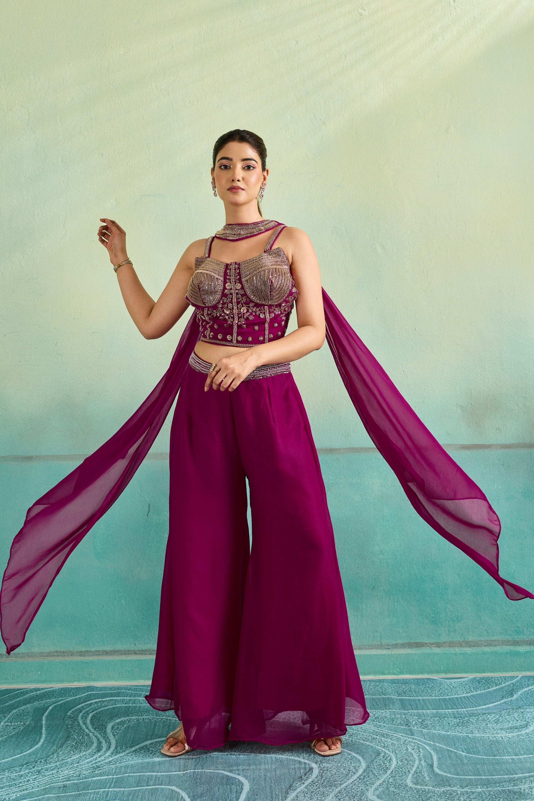 Magenta Pink Embellished Chinon Silk Palazzo Set