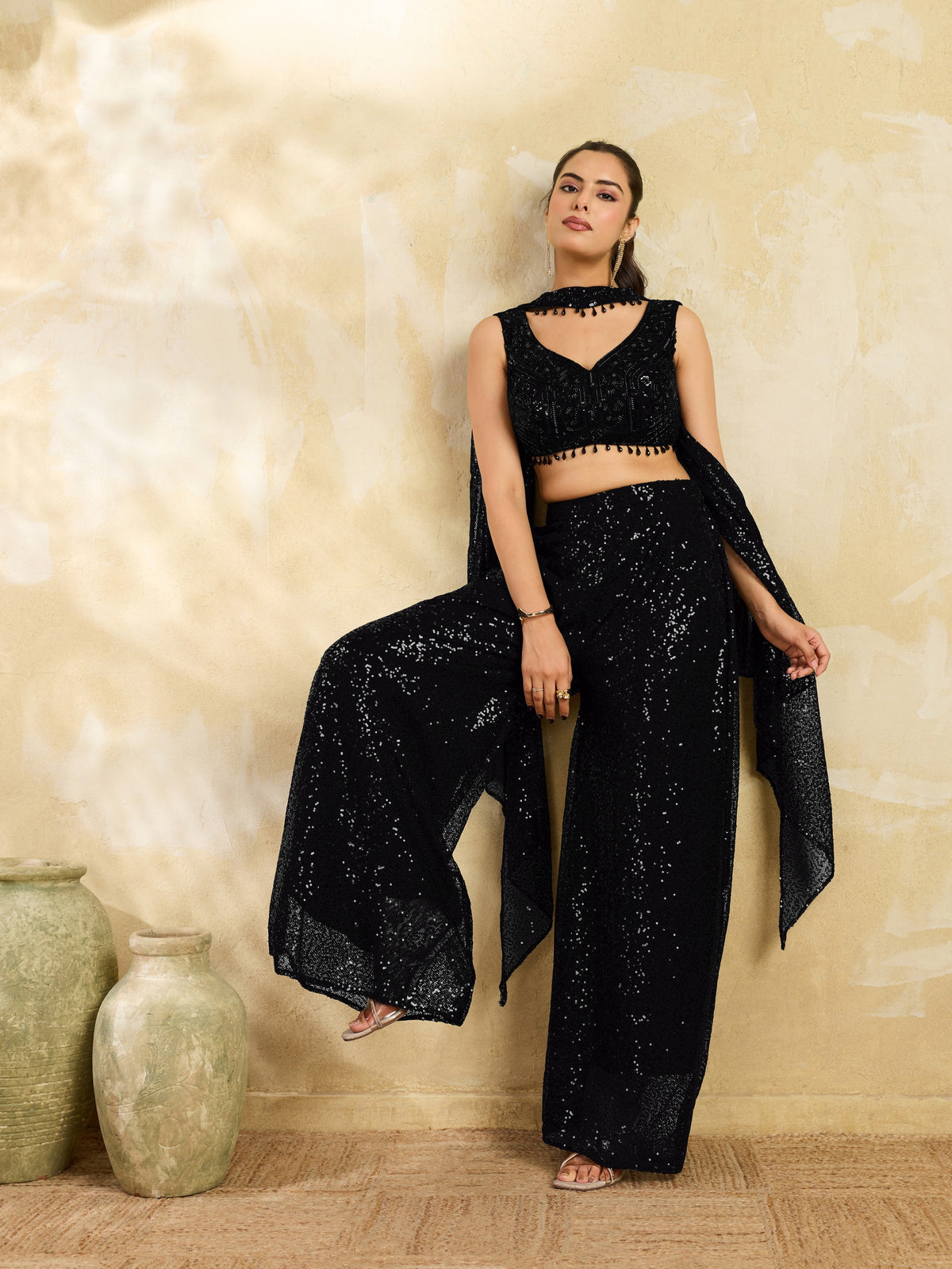 Black Sequin Premium Net Palazzo Set