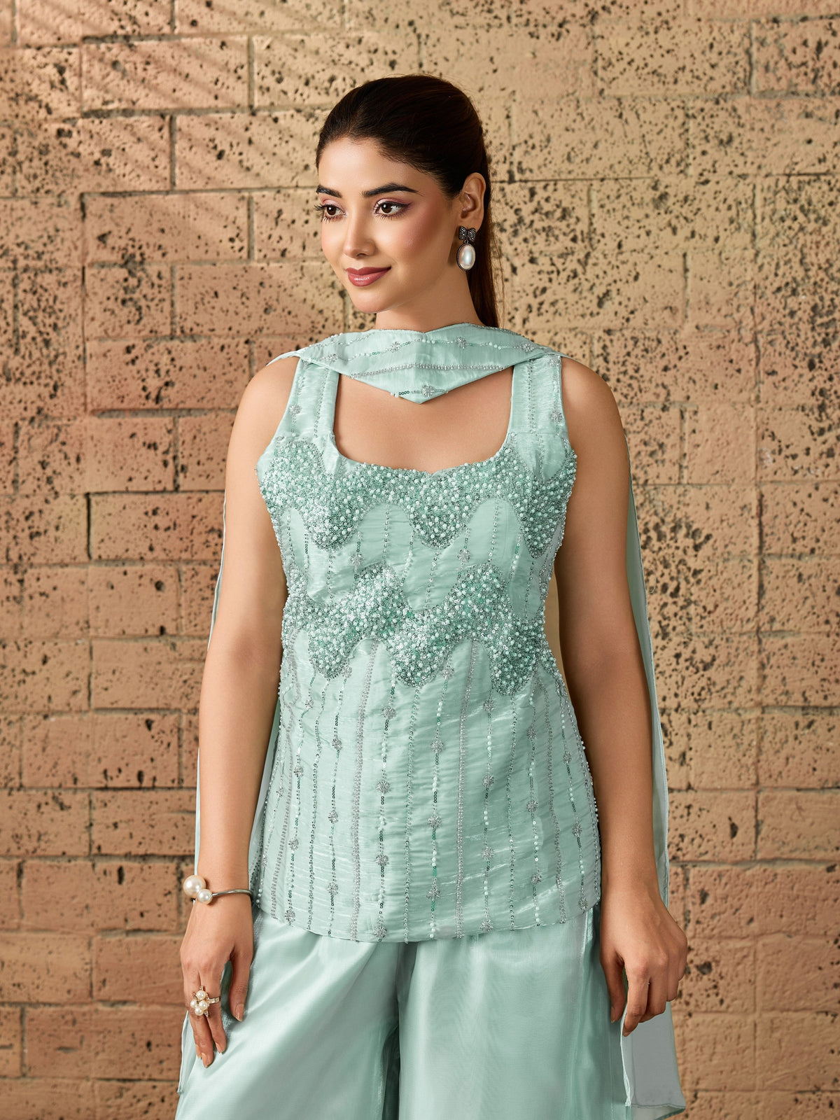 Mint Green Embellished Organza Silk Palazzo Set
