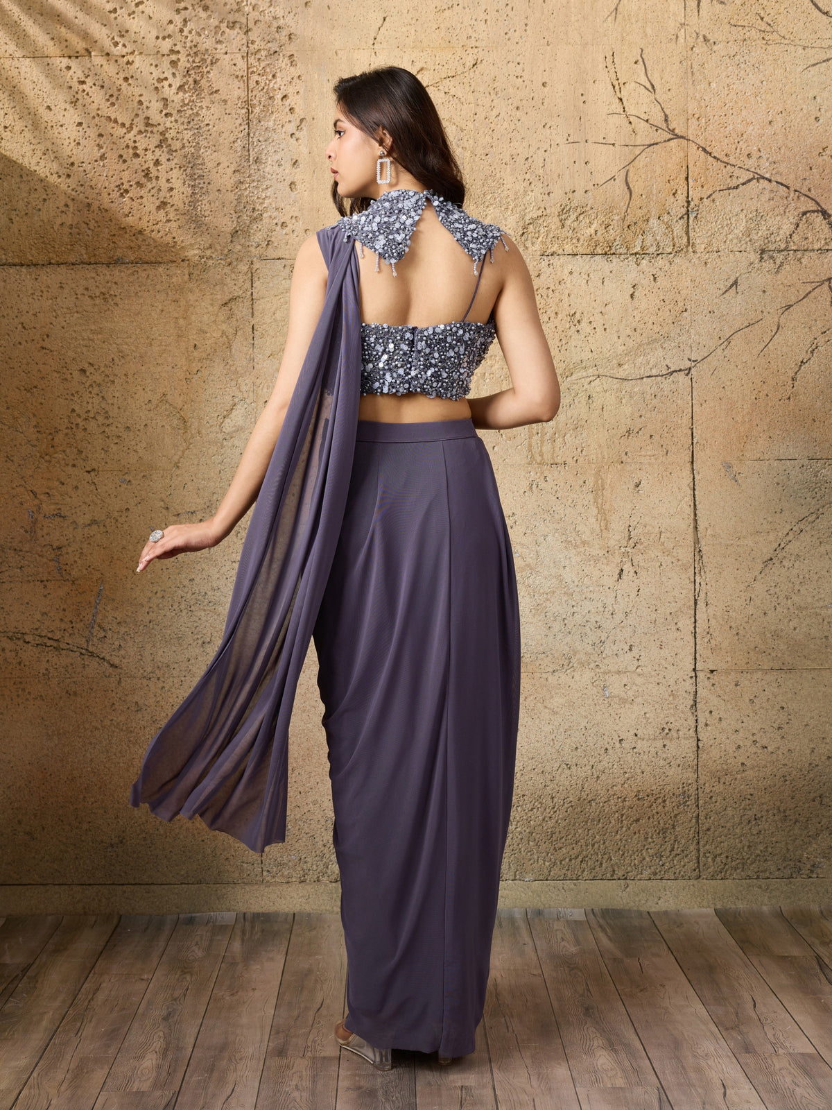 Slate Grey Embellished Pre-Draped Net Saree