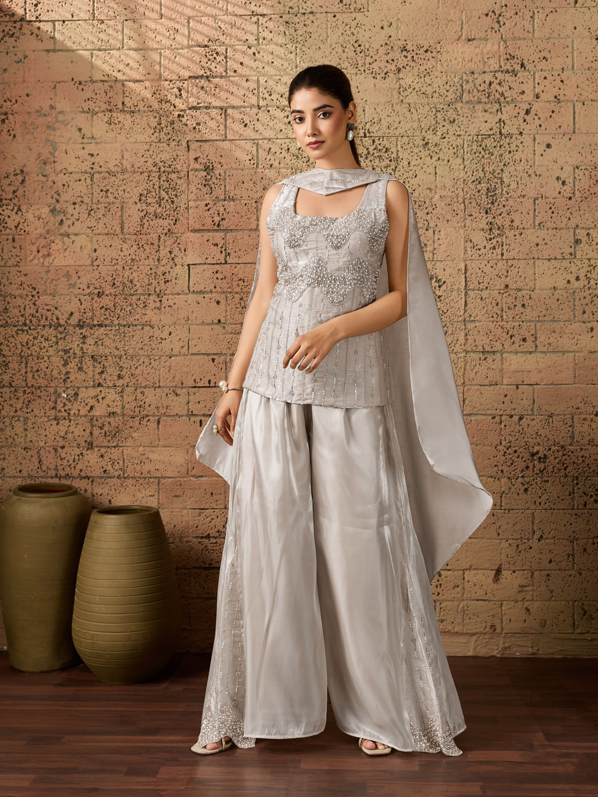Dove Grey Embellished Organza Silk Palazzo Set