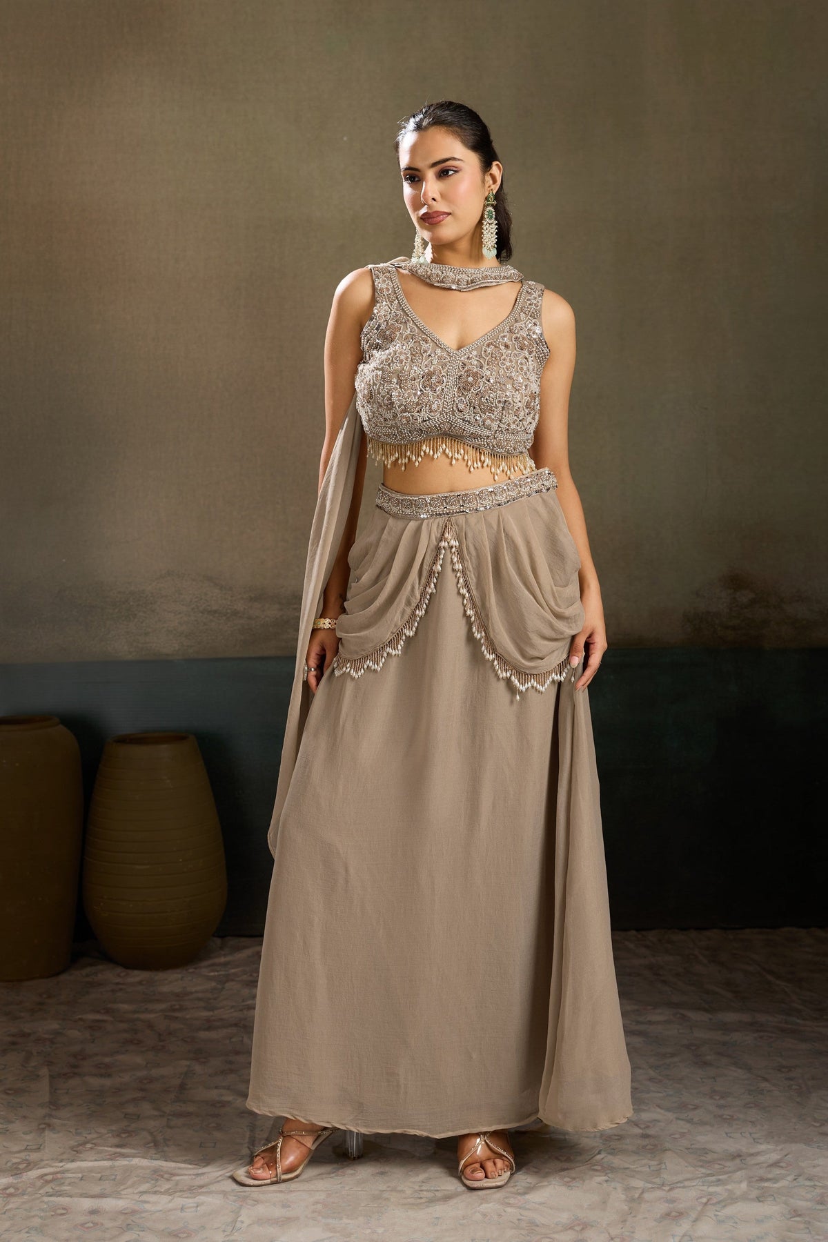 Taupe Embellished Chinon Silk Skirt Set