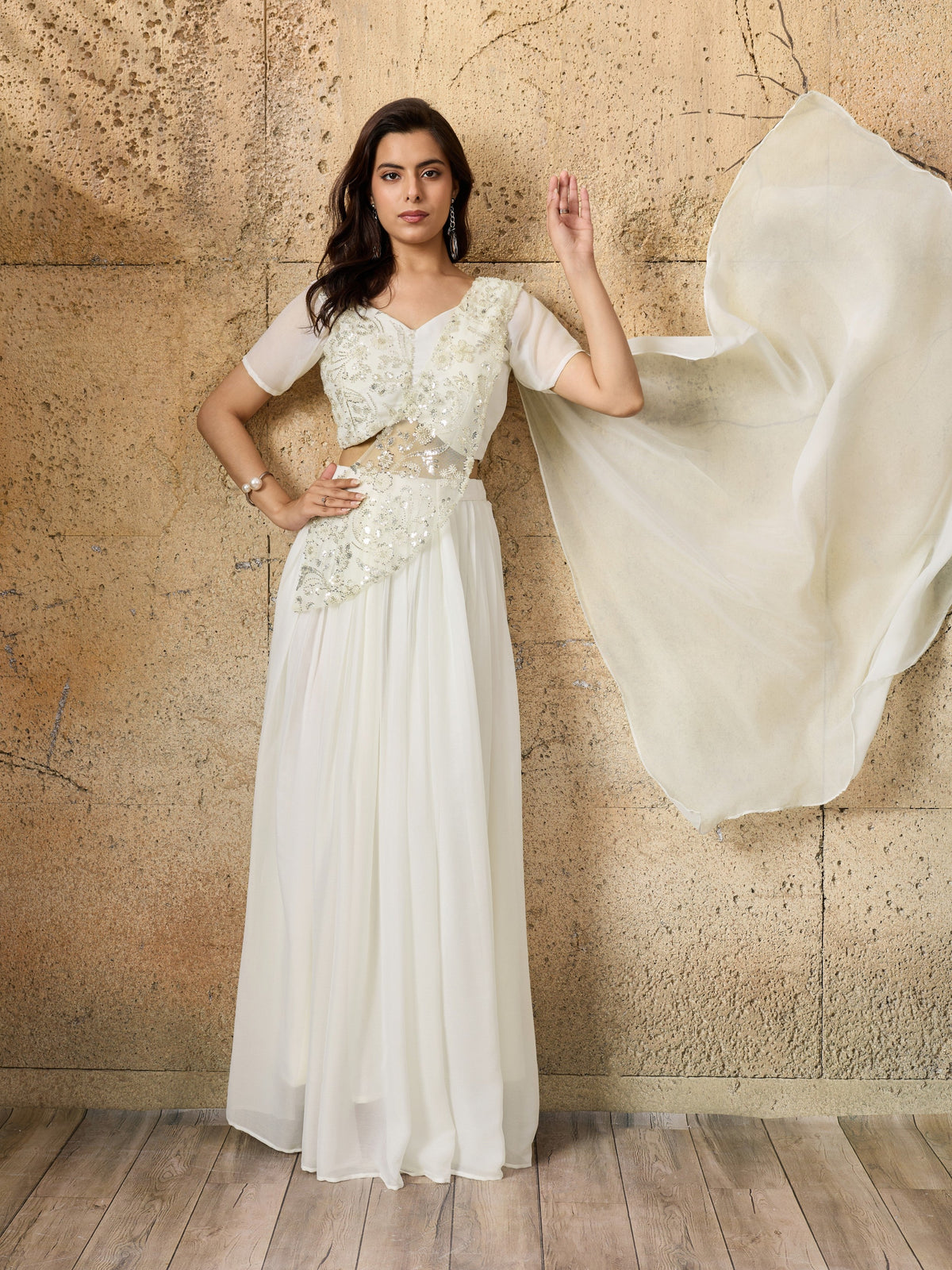 Ivory Embellished Shimmer Silk Skirt Set