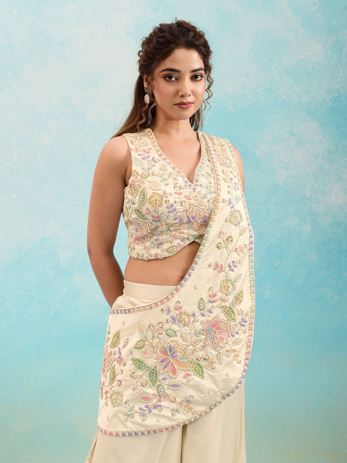 Off White Embellished Crepe Satin Silk Palazzo Set