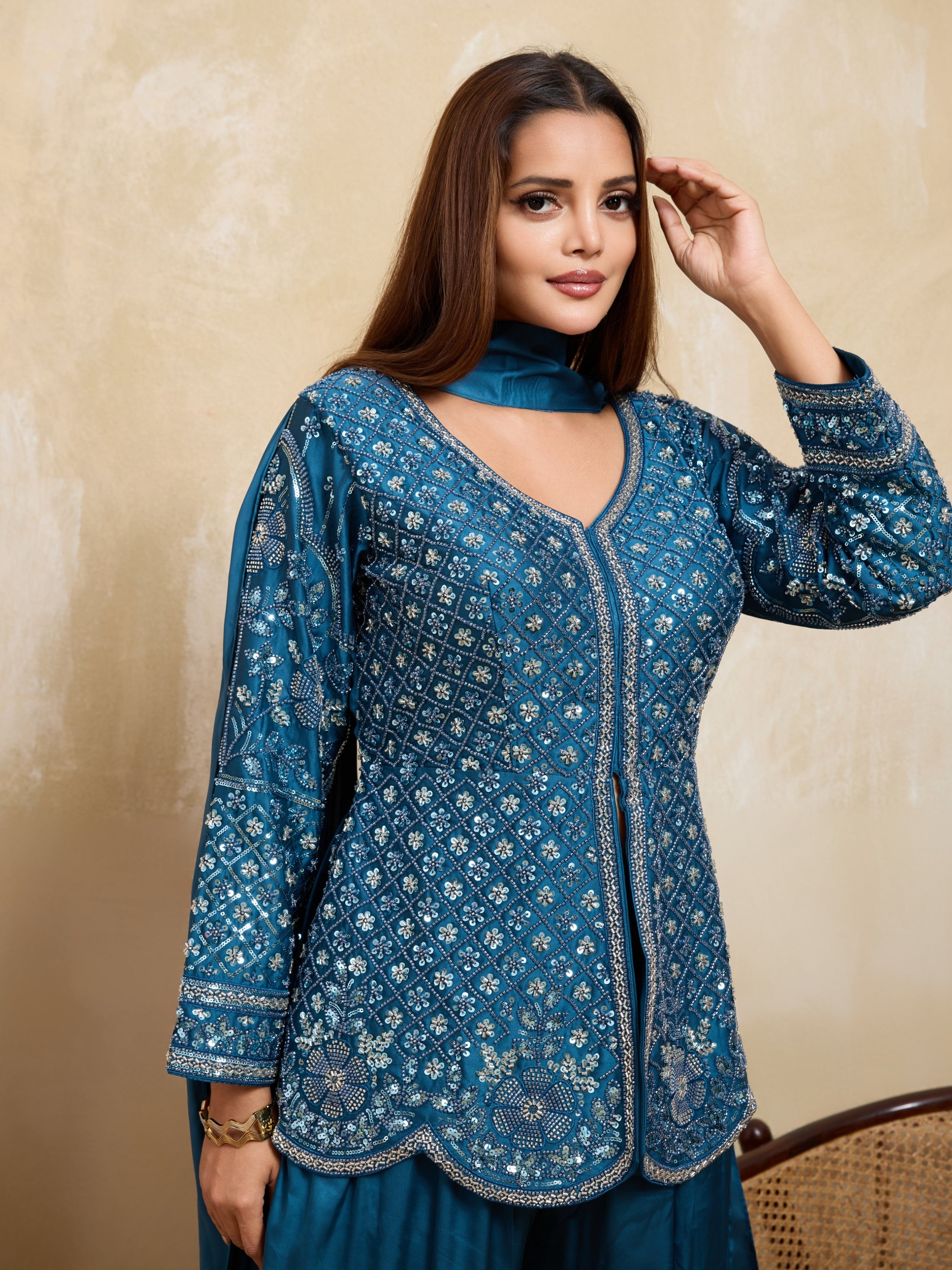 Teal Blue Embellished Satin Silk Palazzo Set