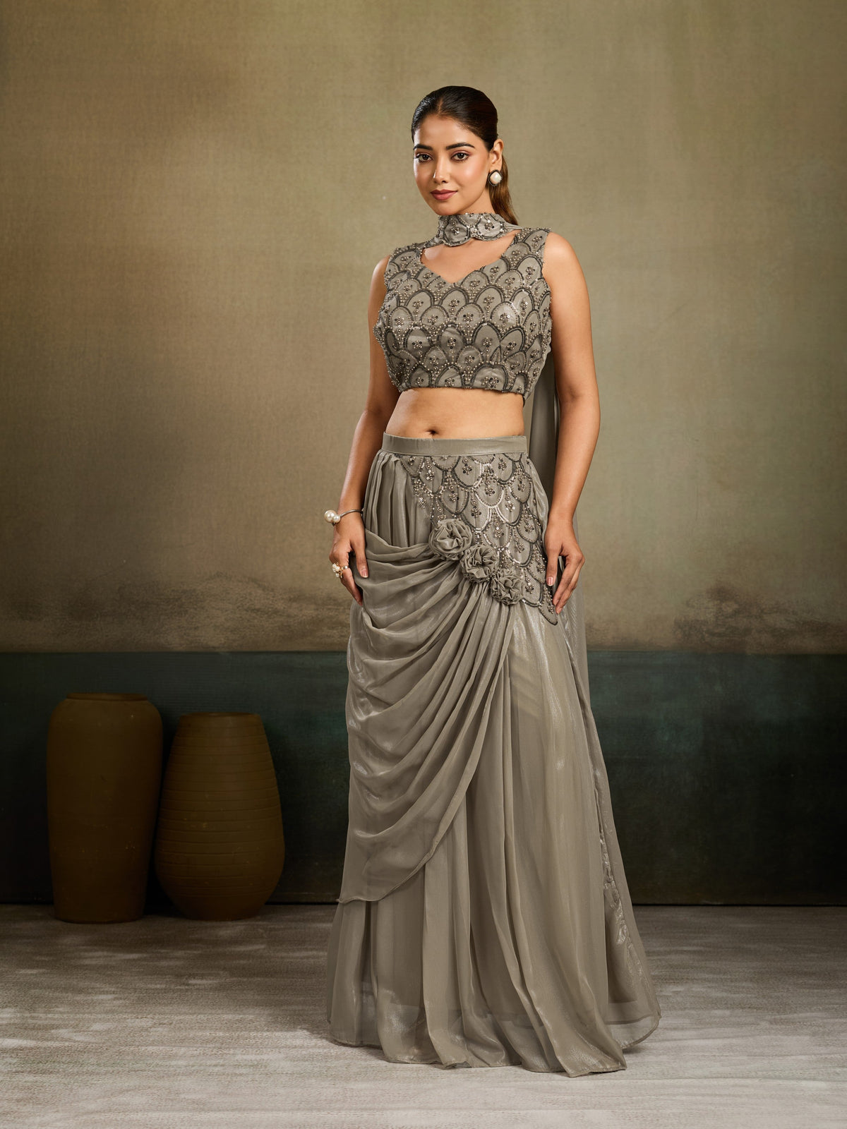 Taupe Grey Embellished Shimmer Silk Skirt Set