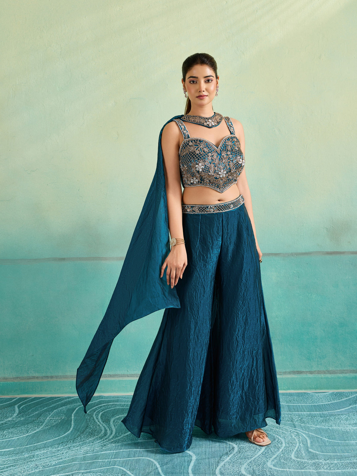 Teal Embellished Organza Silk Palazzo Set