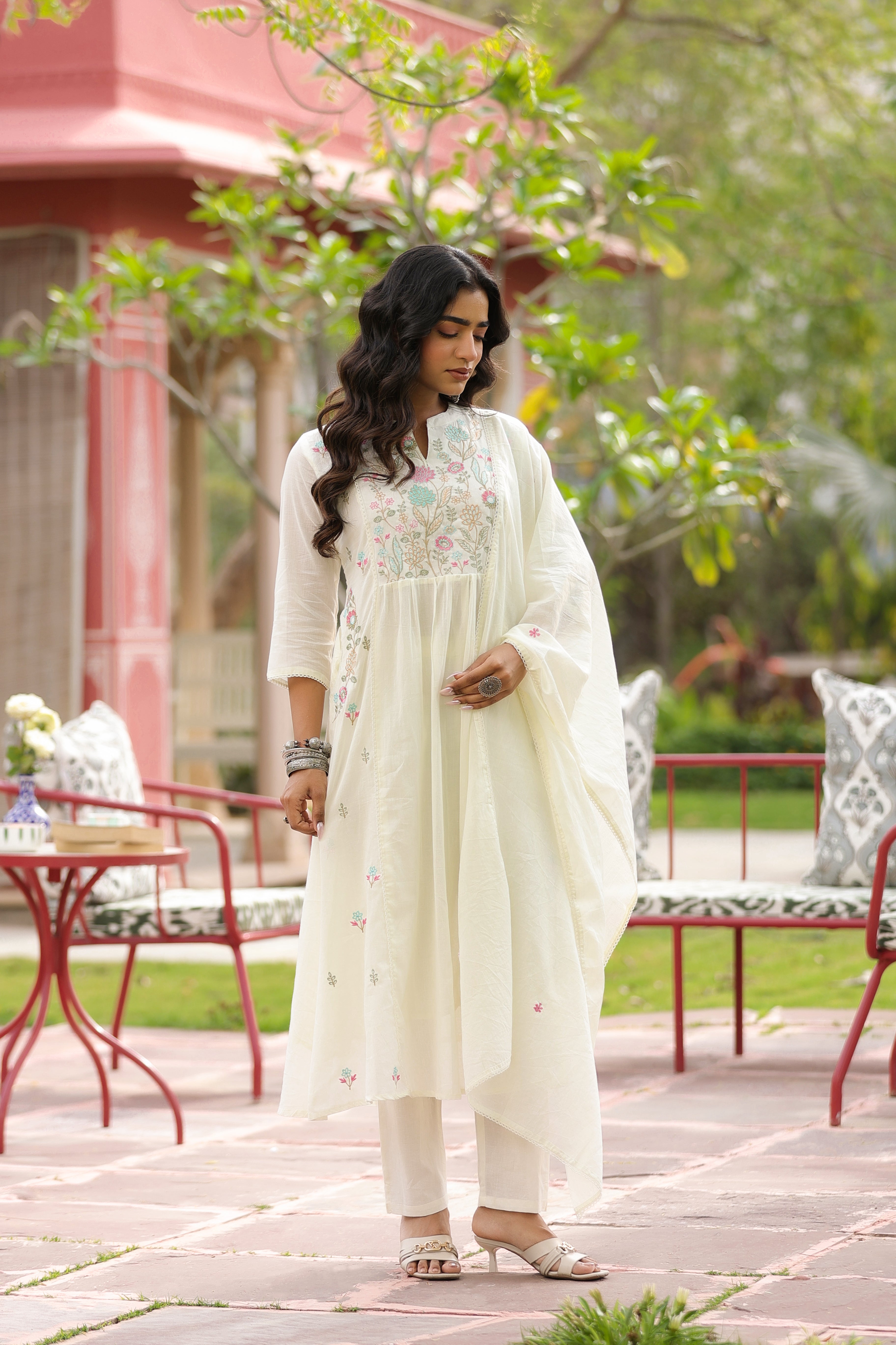 Ivory Floral Embroidered Mul Cotton Anarkali Set