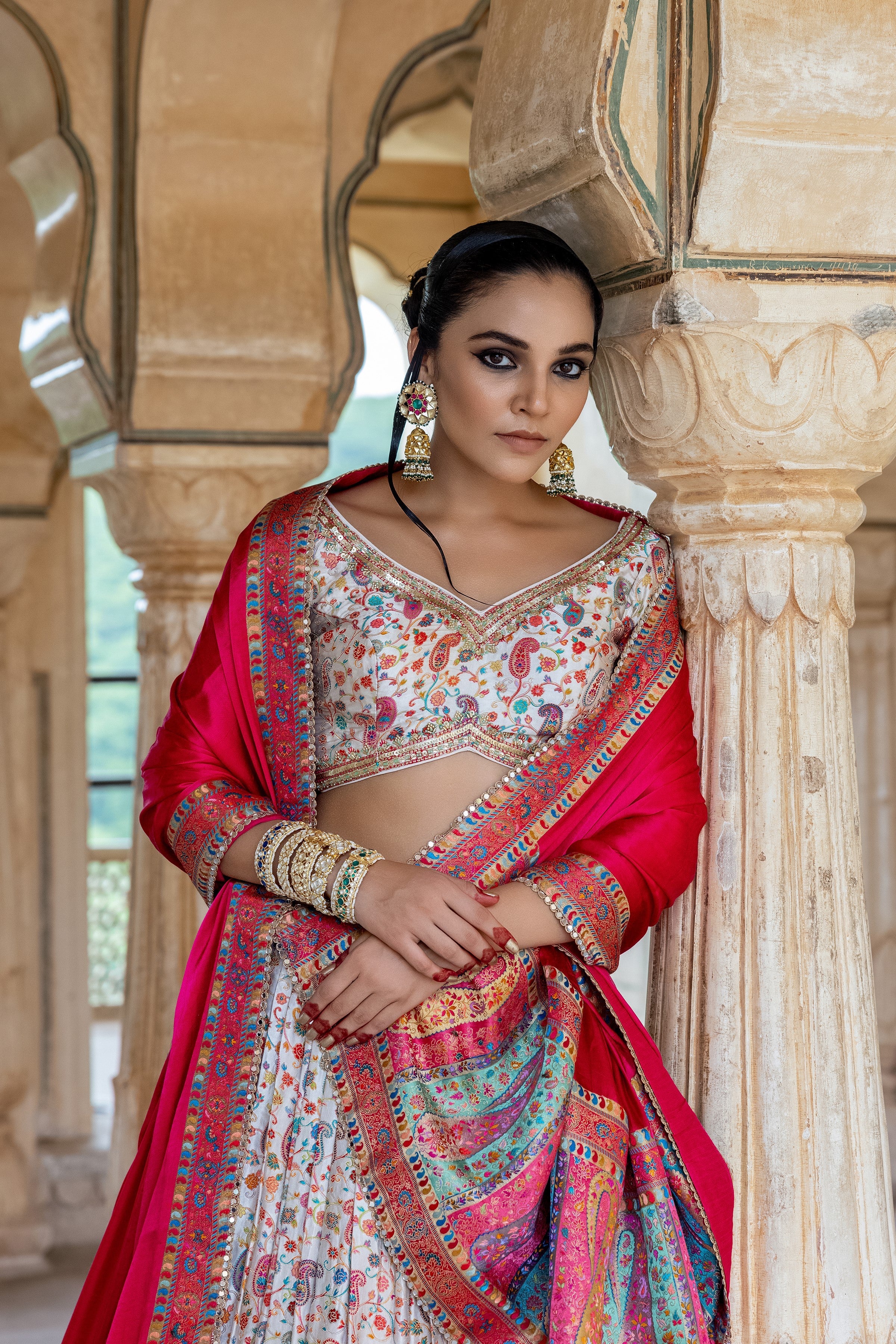 White Handwork Satin Silk Lehenga Set