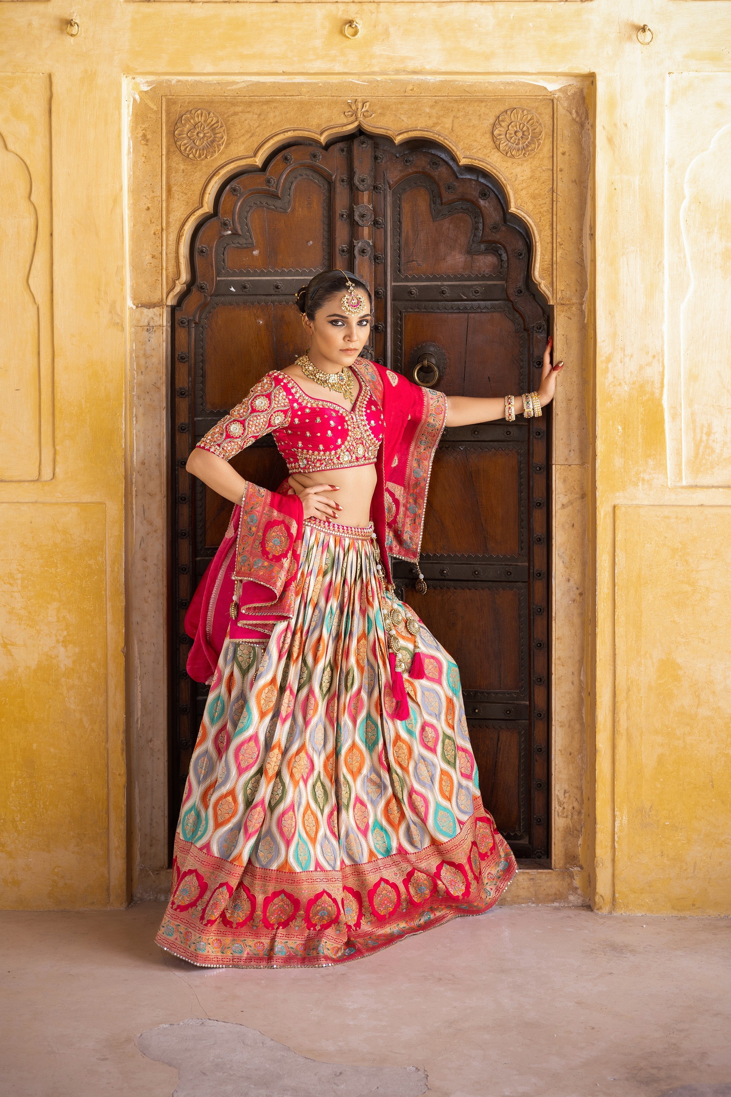 Multicolour Embellished Satin Silk Lehenga Set