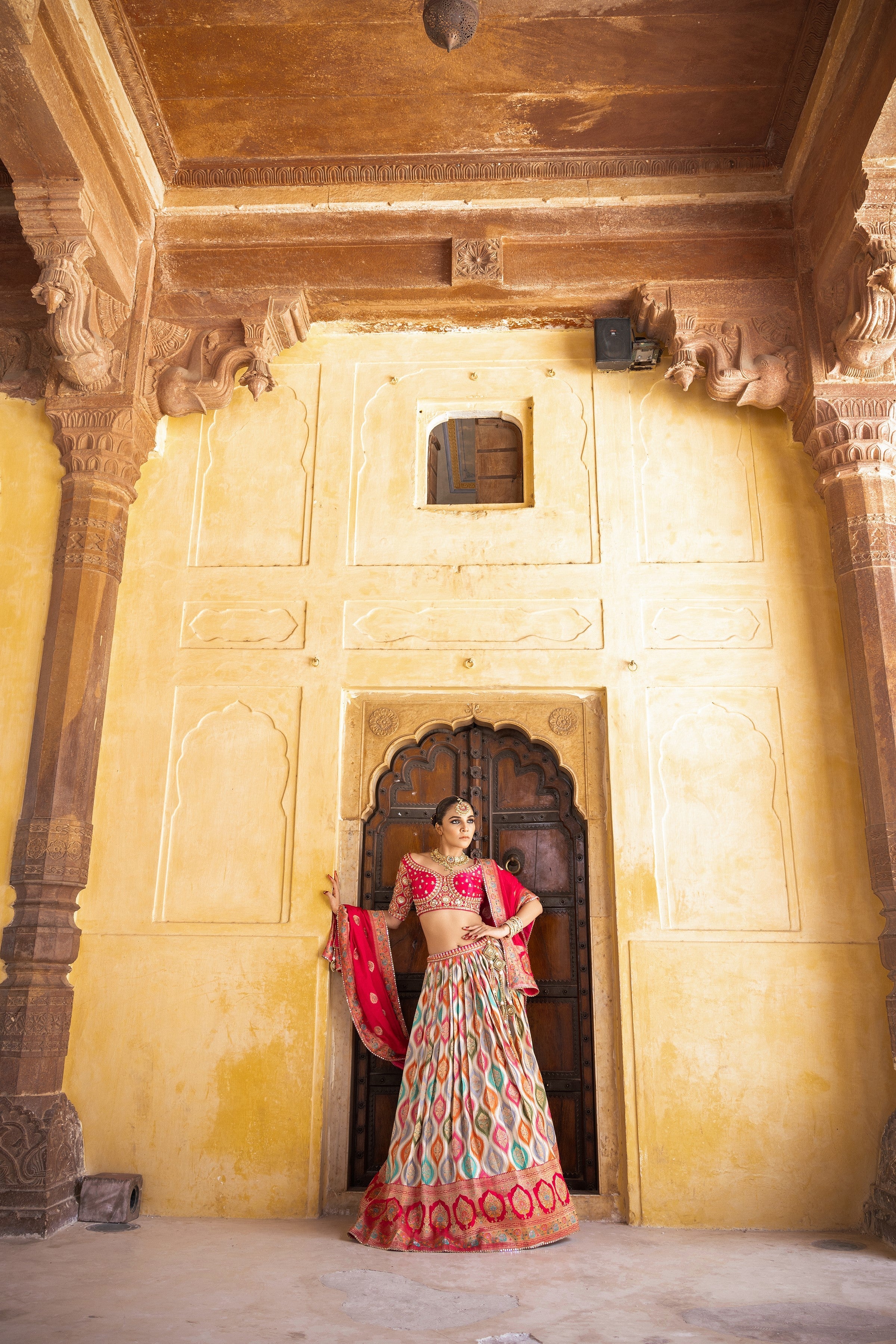 Multicolour Embellished Satin Silk Lehenga Set