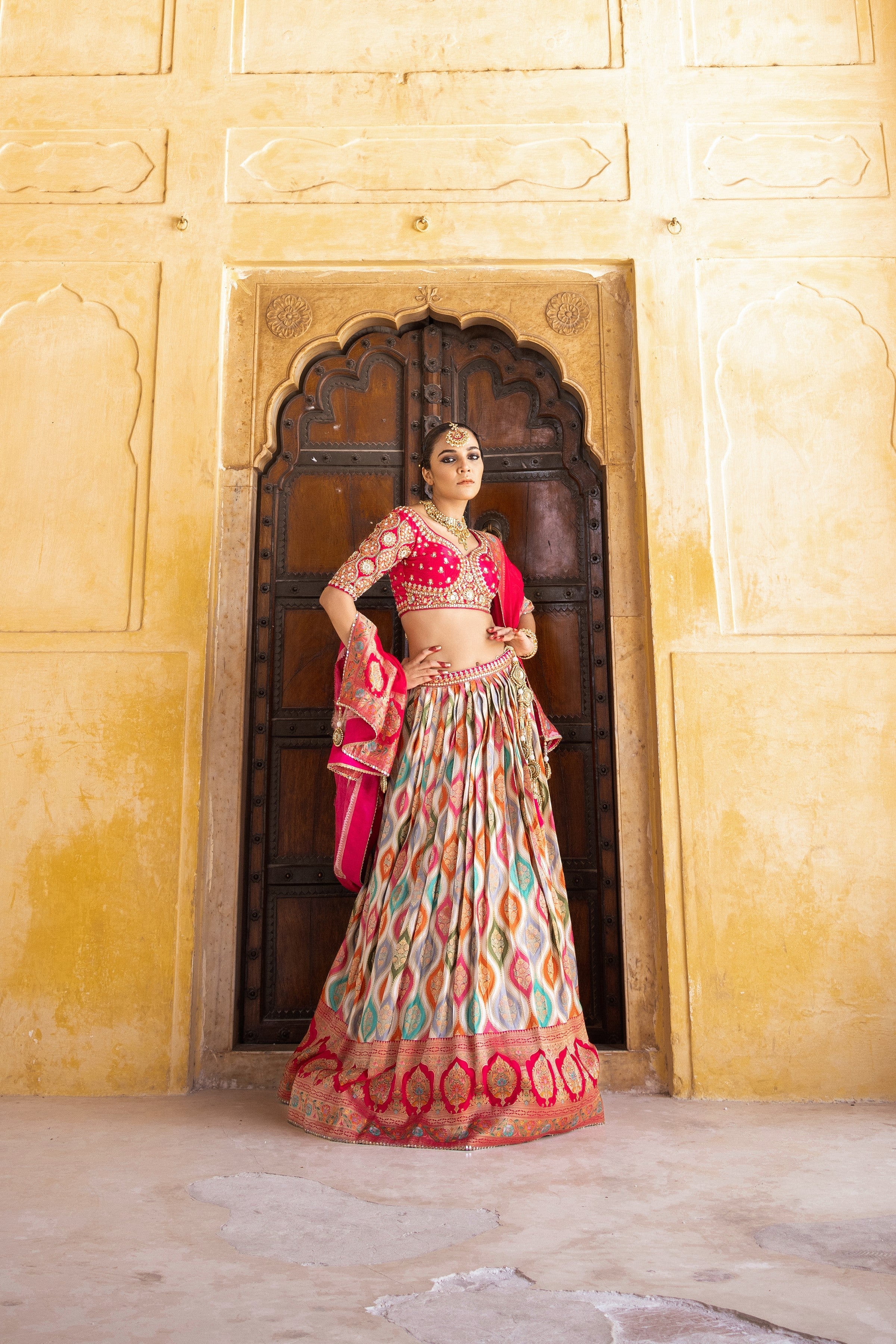 Multicolour Embellished Satin Silk Lehenga Set