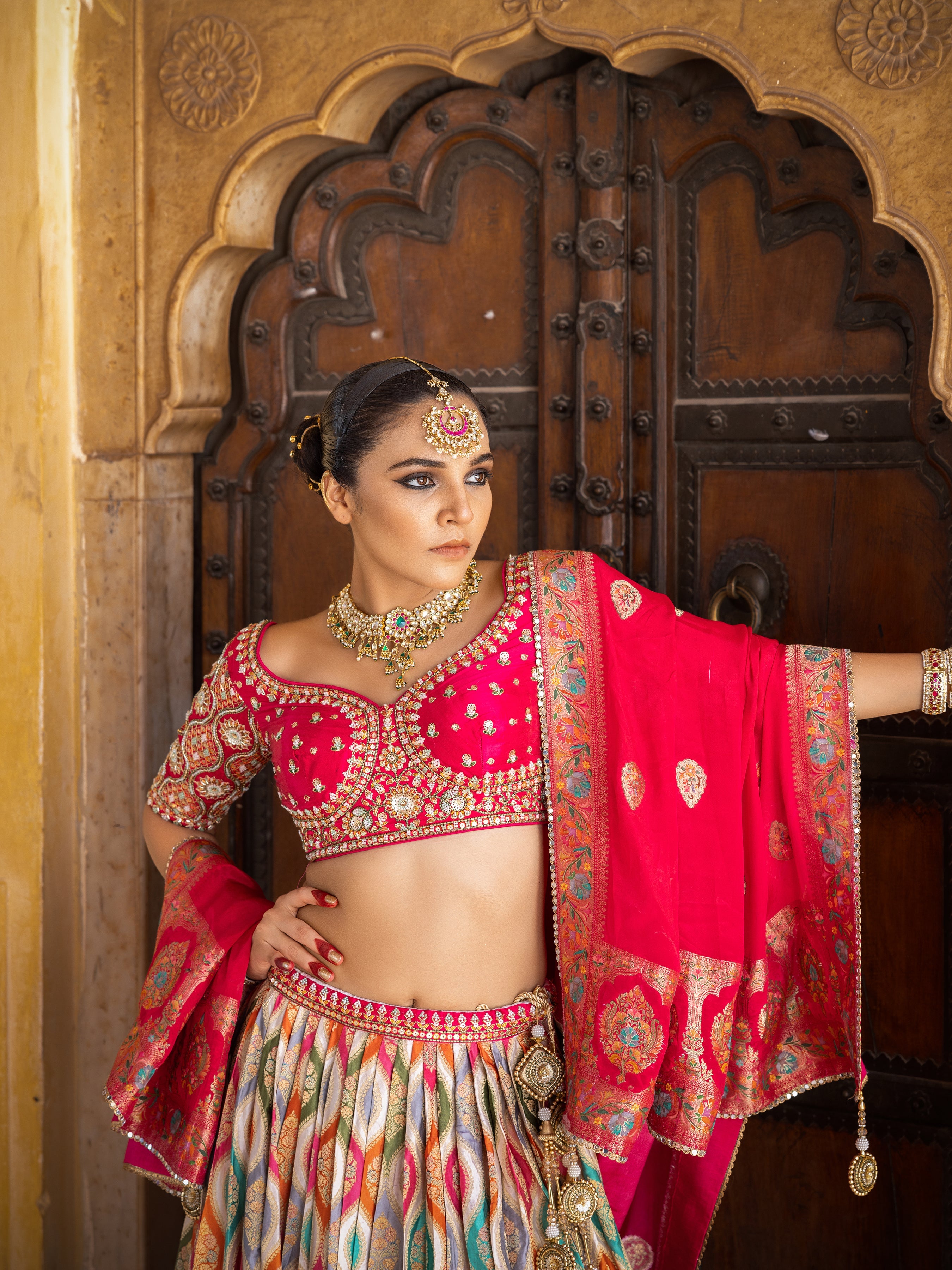 Multicolour Embellished Satin Silk Lehenga Set