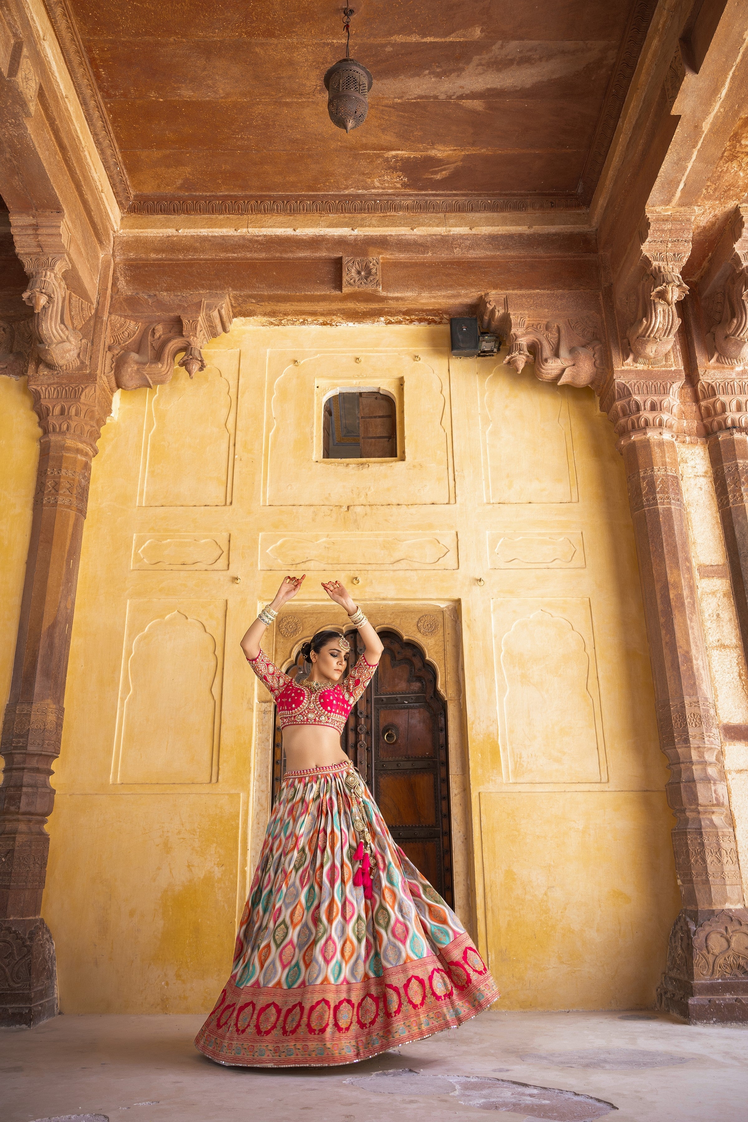 Multicolour Embellished Satin Silk Lehenga Set