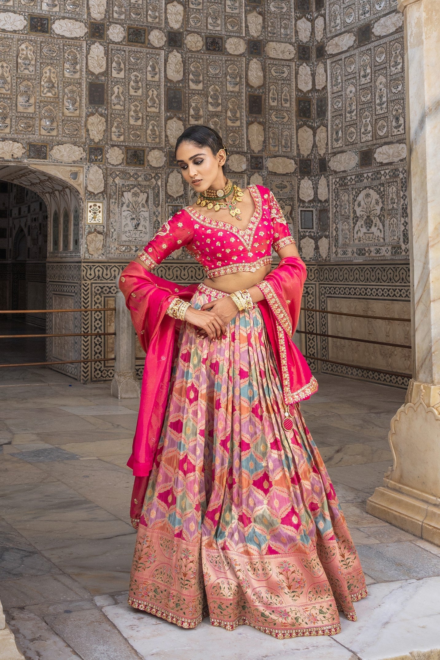 Pink Handwork Satin Silk Lehenga Set