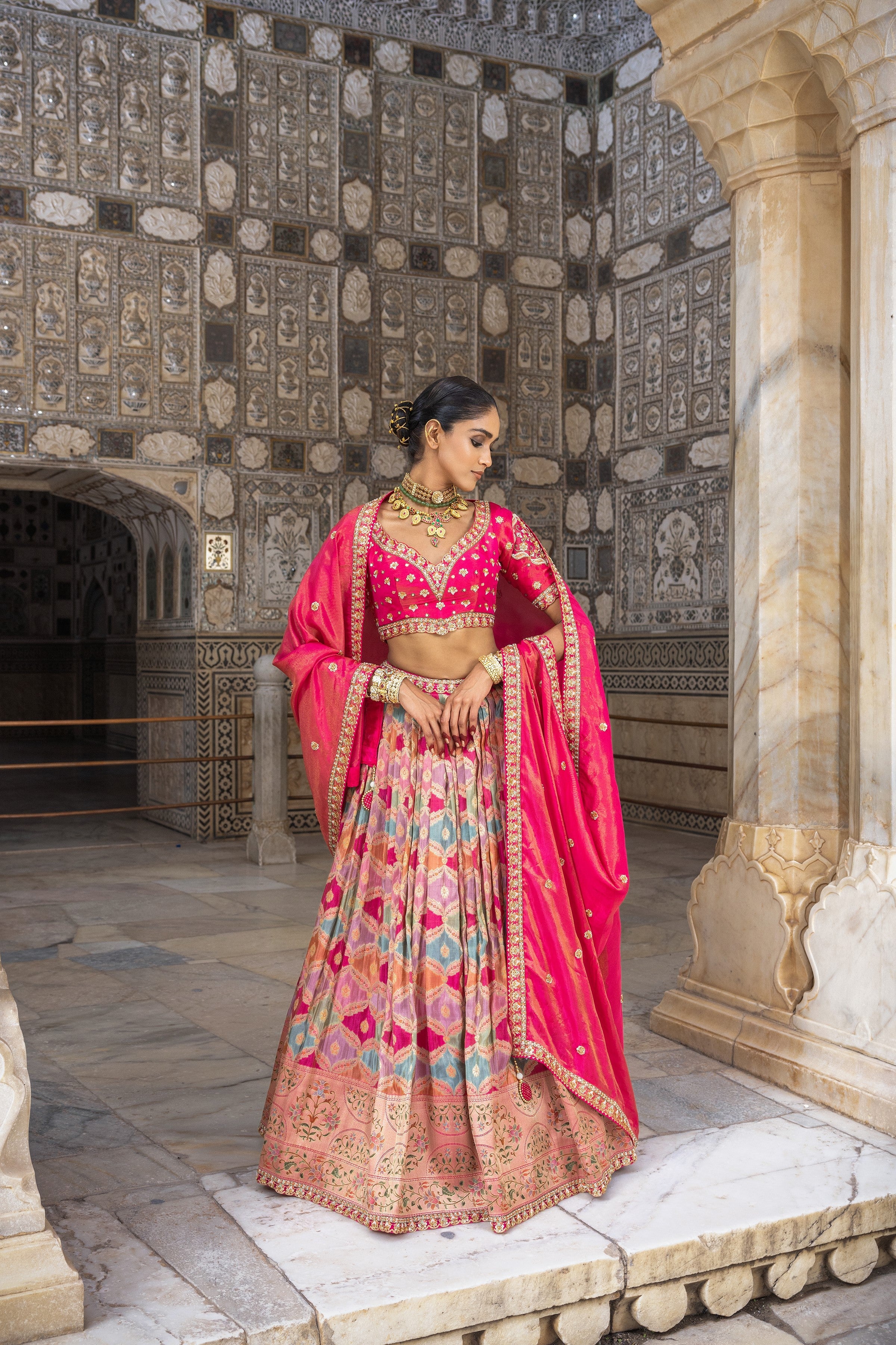 Pink Handwork Satin Silk Lehenga Set