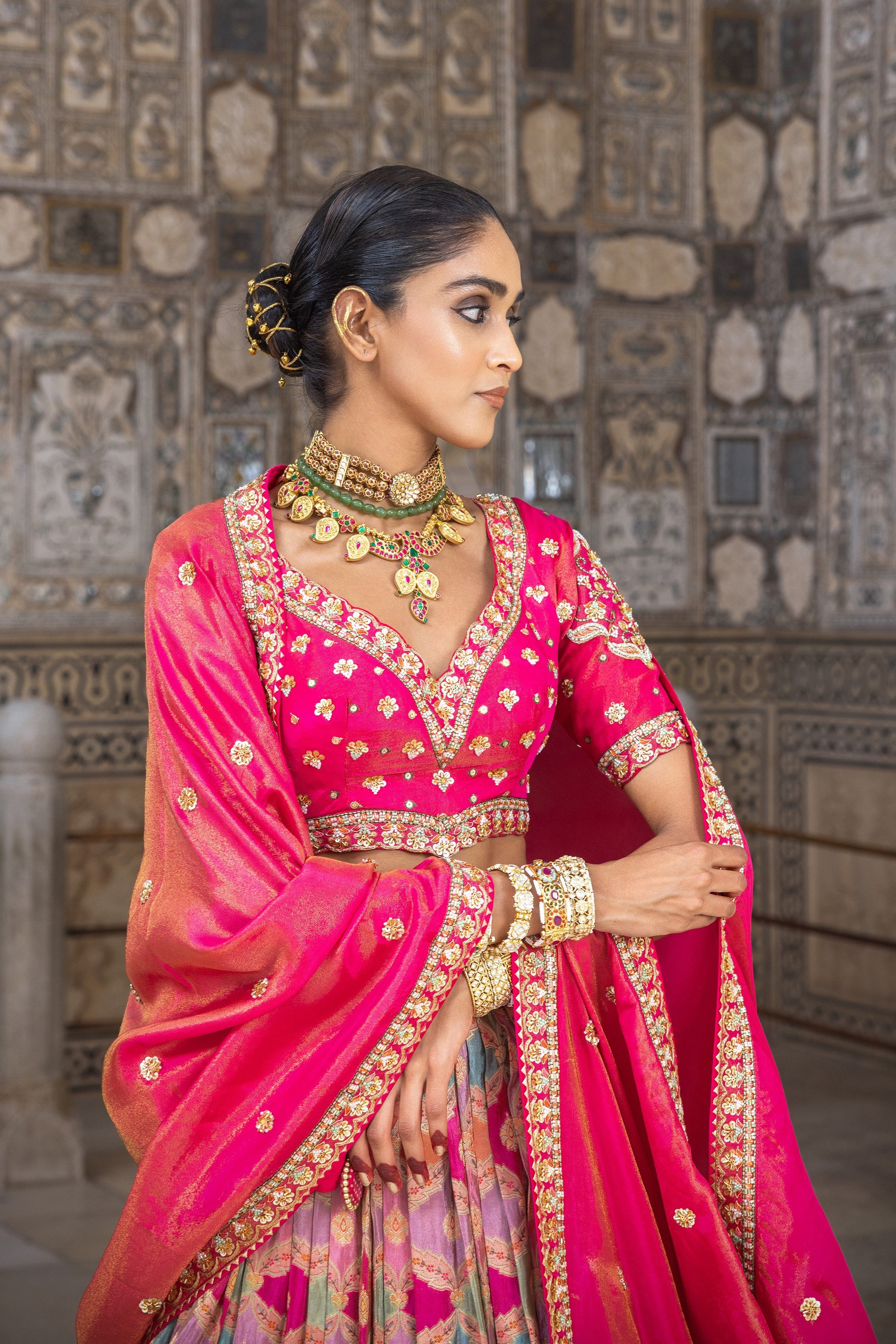 Pink Handwork Satin Silk Lehenga Set