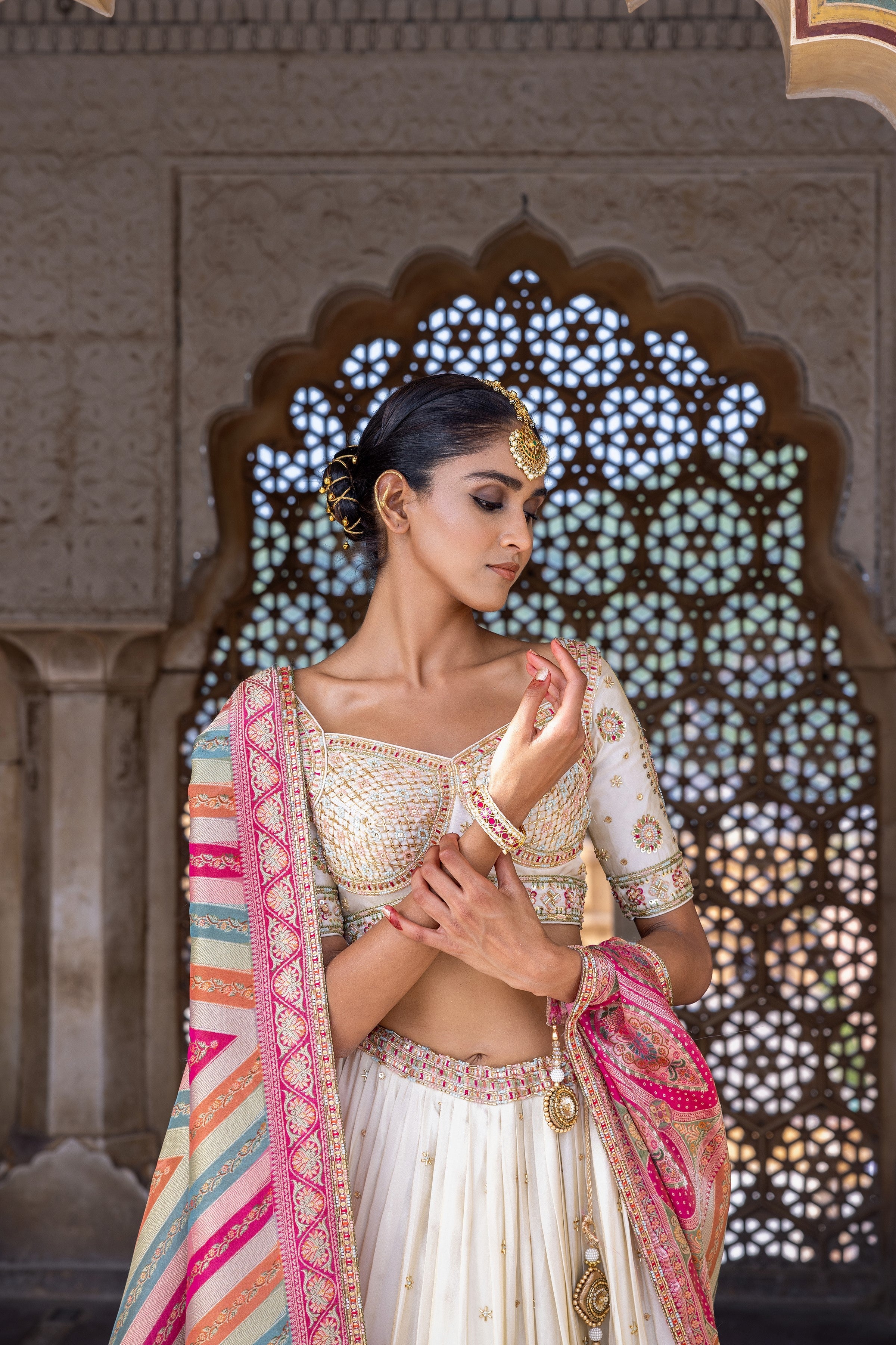 Ivory Handwork Satin Silk Lehenga Set